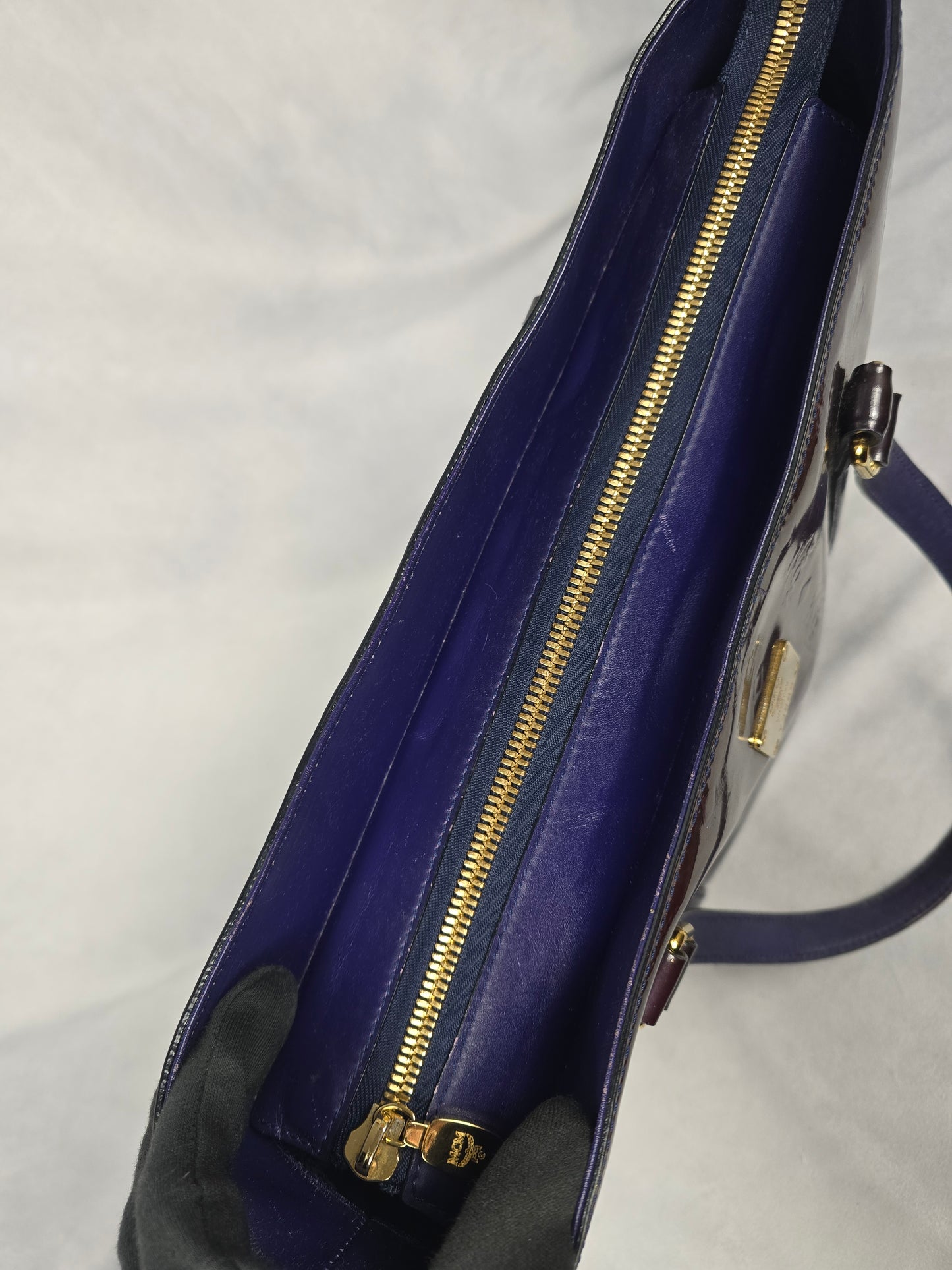 MCM Amarante Visetos Patten Leather Tote in a Brown/Purple