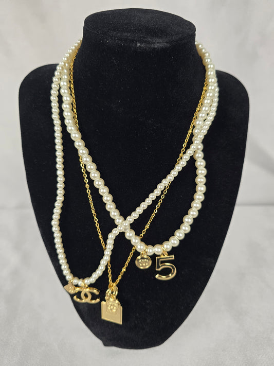 GWP Chanel Three Strand Pearl and Gold-tone Charm Necklace
