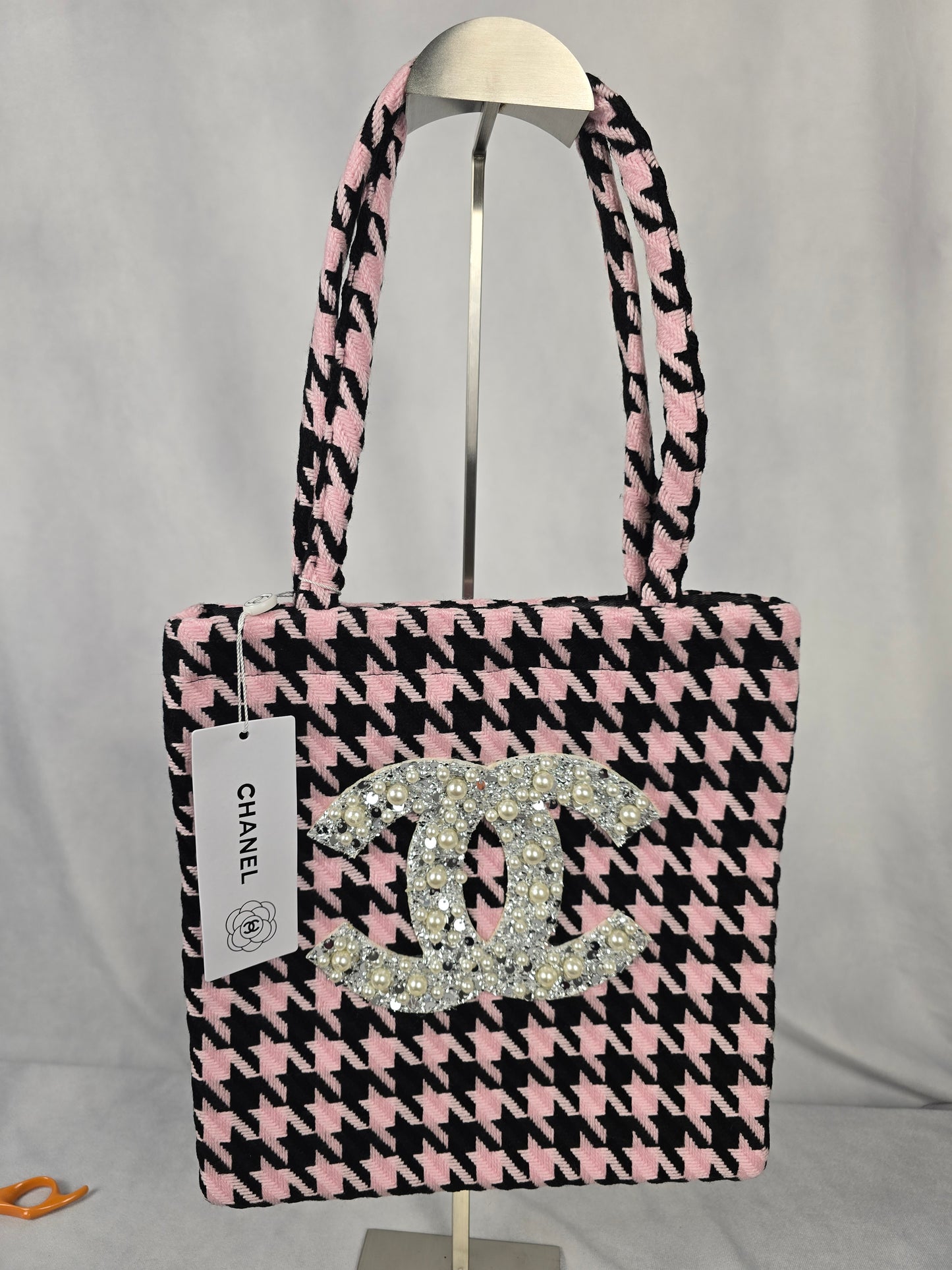 GWP Chanel Tweed Pink and Black Houndstooth Tote with Jeweled CC Logo