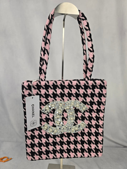 GWP Chanel Tweed Pink and Black Houndstooth Tote with Jeweled CC Logo
