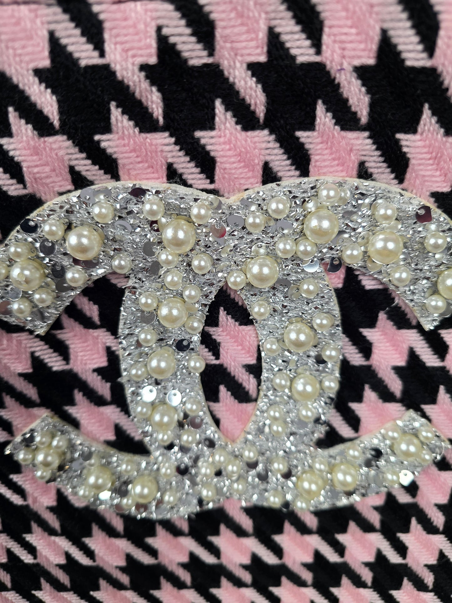 GWP Chanel Tweed Pink and Black Houndstooth Tote with Jeweled CC Logo