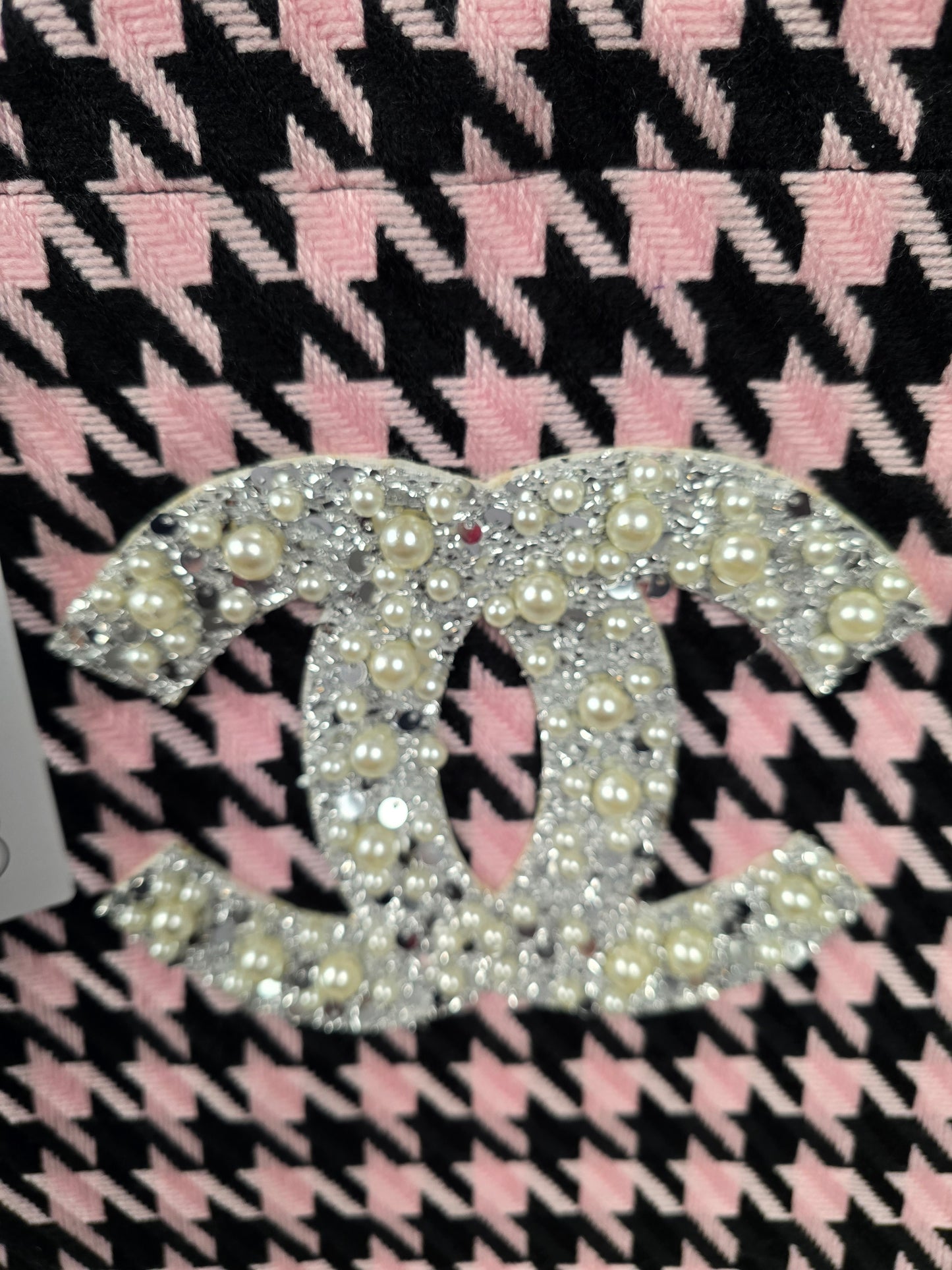 GWP Chanel Tweed Pink and Black Houndstooth Tote with Jeweled CC Logo