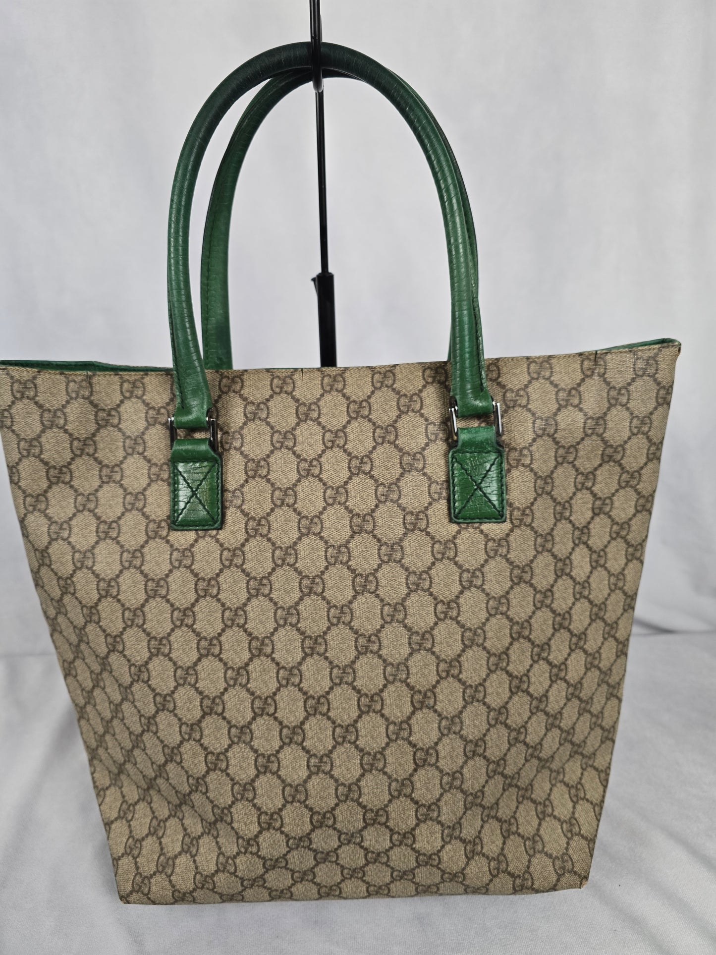 Gucci Supreme Monogram Tote with Green Leather Handles and Trim