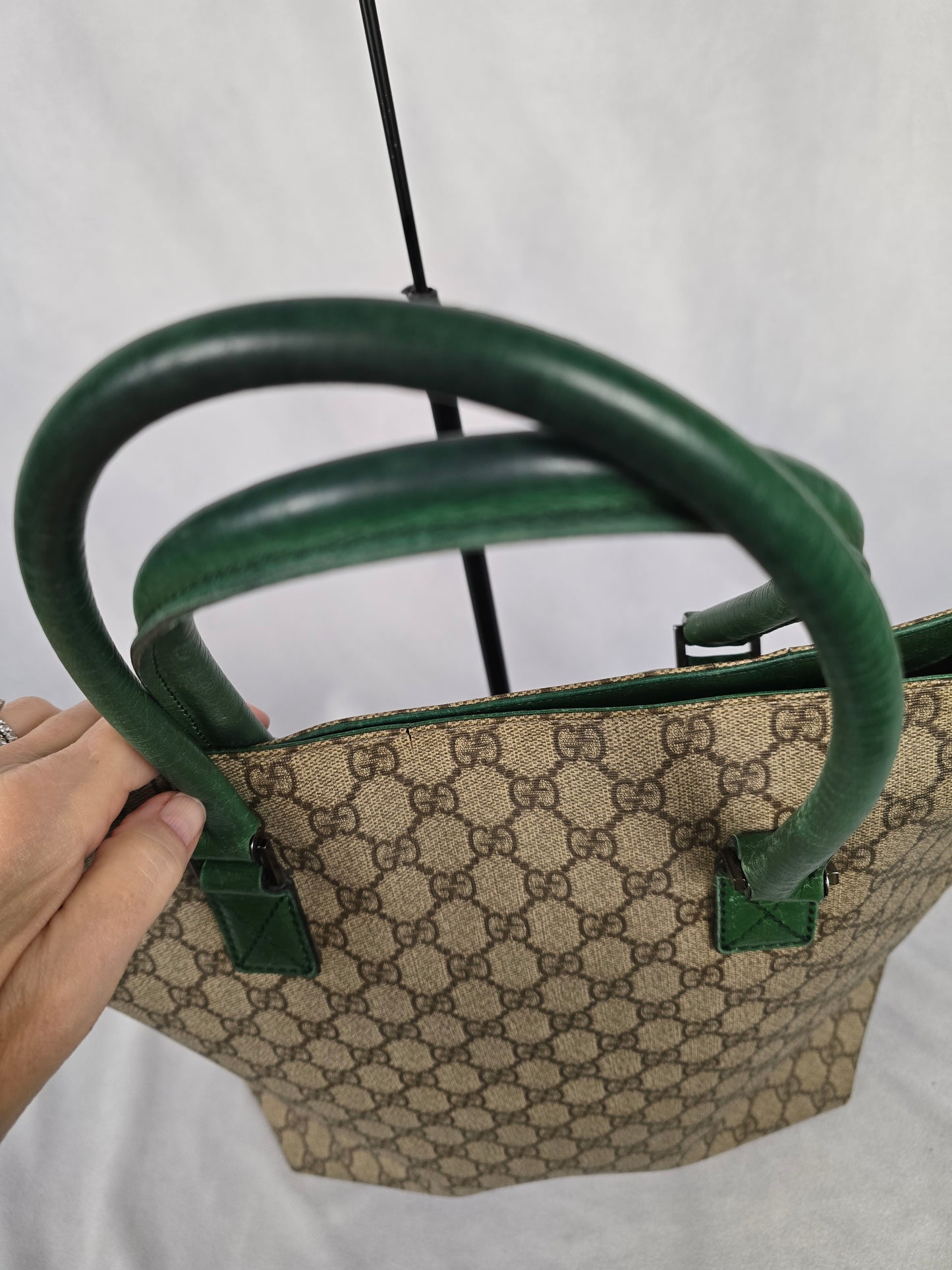 Gucci Supreme Monogram Tote with Green Leather Handles and Trim