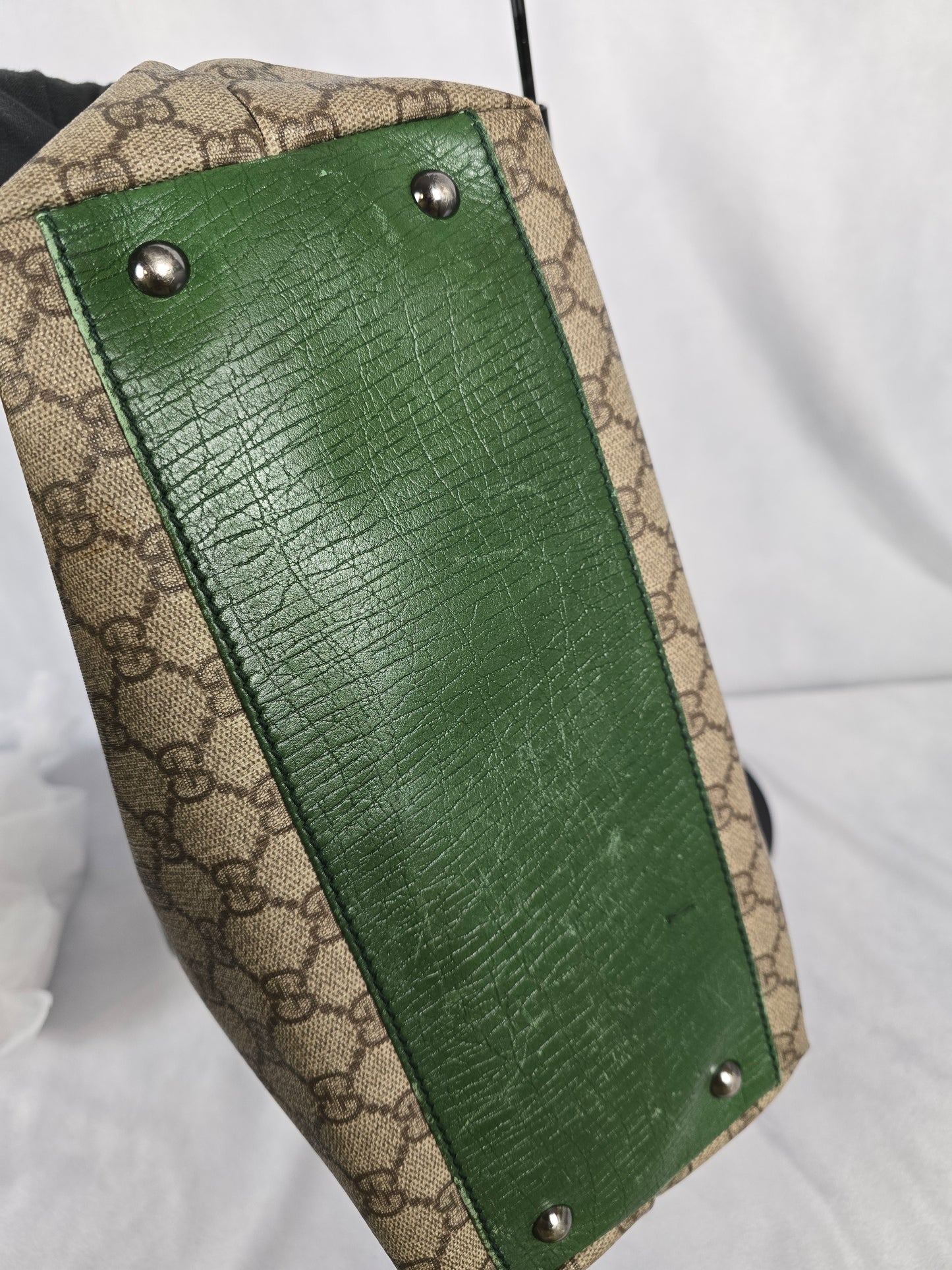 Gucci Supreme Monogram Tote with Green Leather Handles and Trim