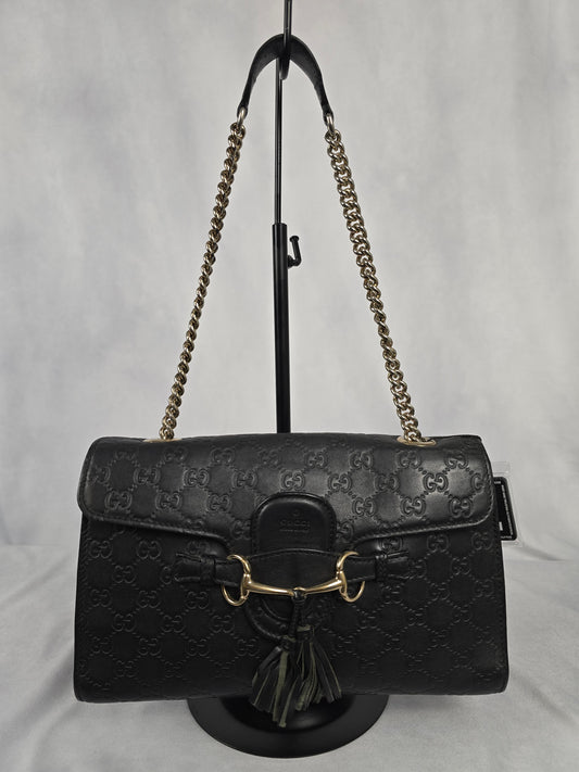 Gucci Emily Medium Black Guccisma Leather Shoulder Bag