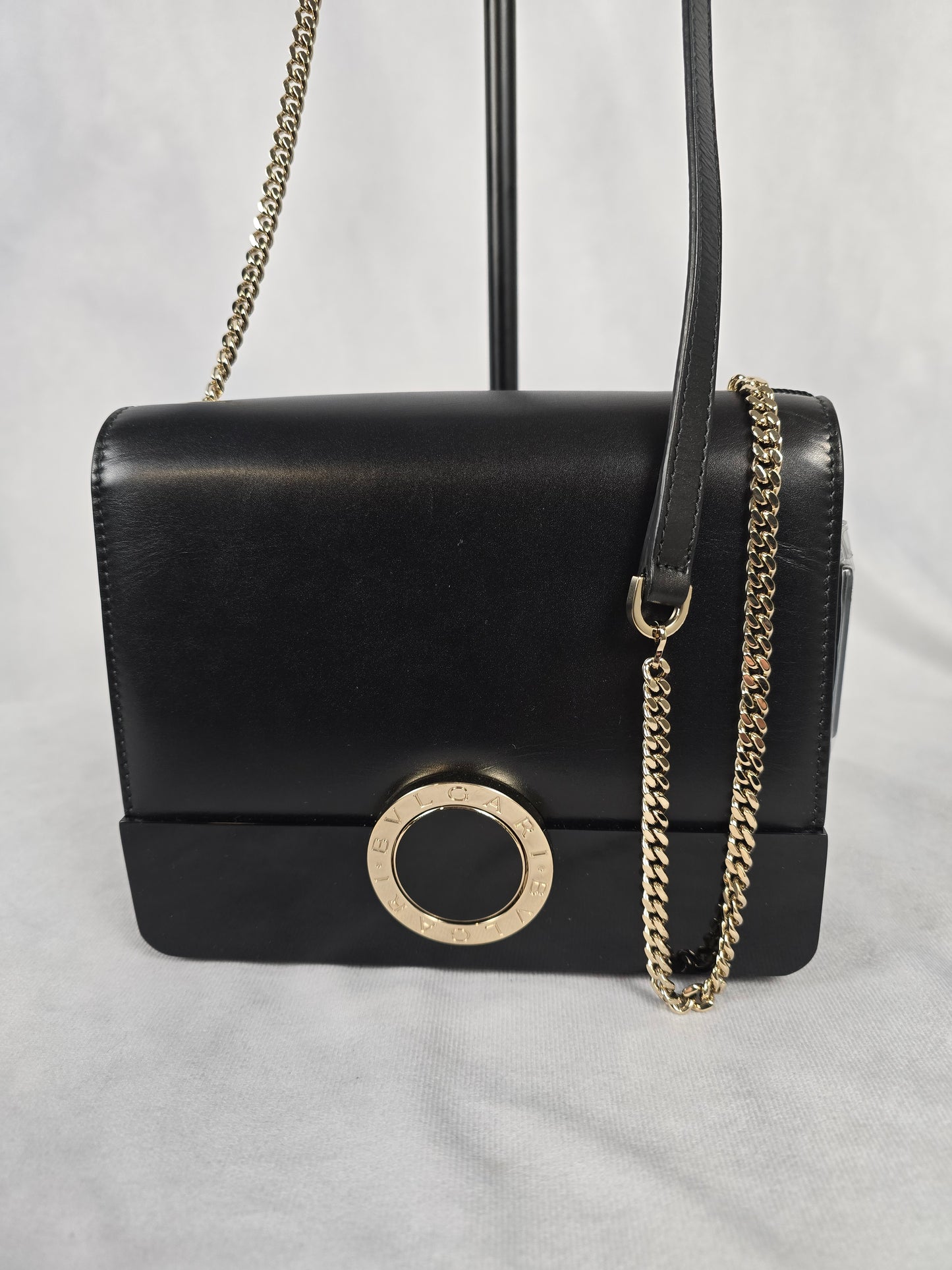 Bvlgari Bulgari Black Leather and Black Patent Leather Shoulder Bag