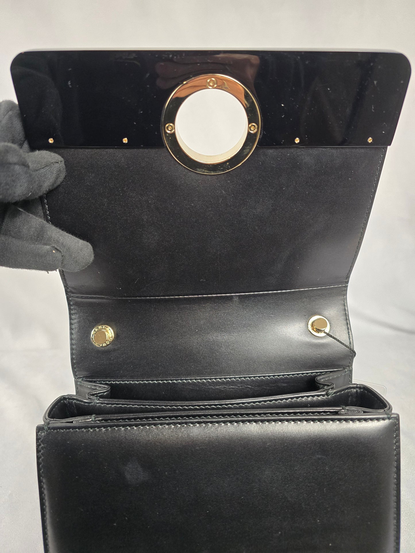 Bvlgari Bulgari Black Leather and Black Patent Leather Shoulder Bag