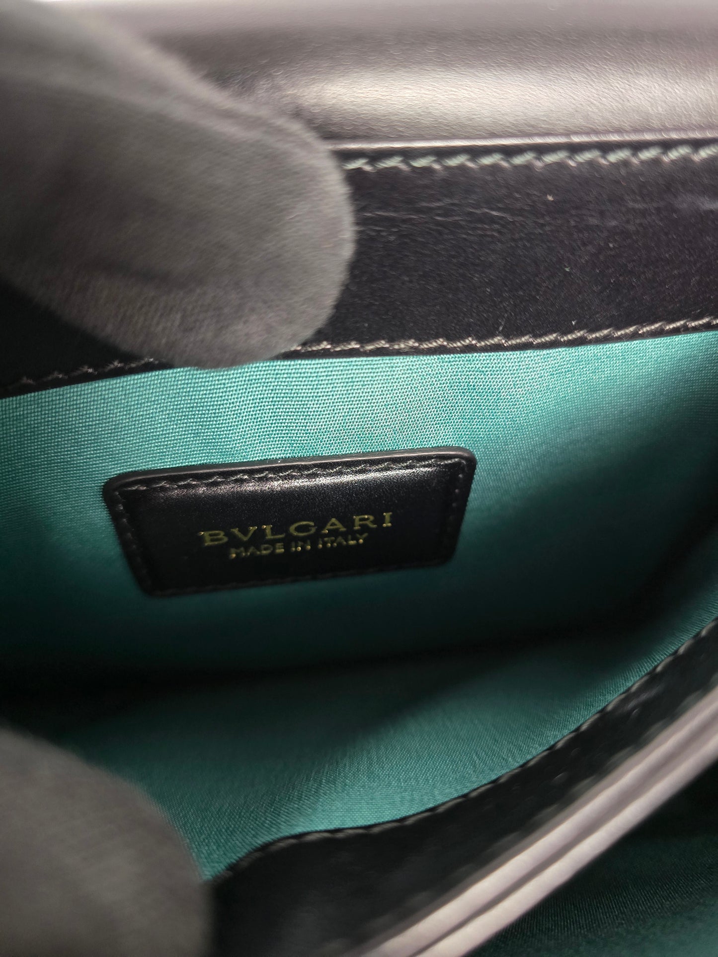 Bvlgari Bulgari Black Leather and Black Patent Leather Shoulder Bag