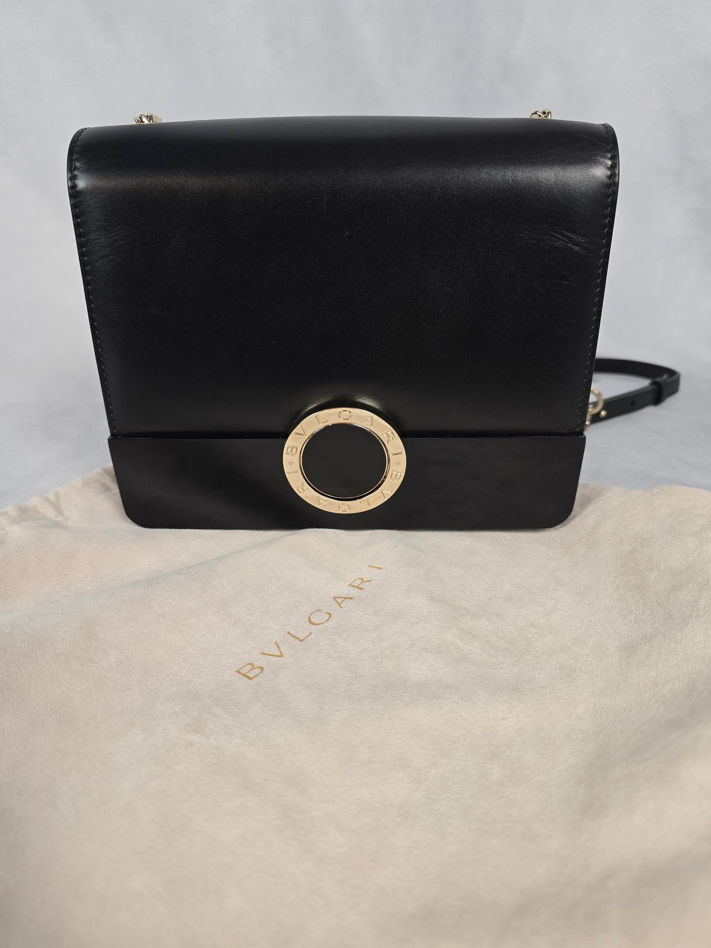 Bvlgari Bulgari Black Leather and Black Patent Leather Shoulder Bag