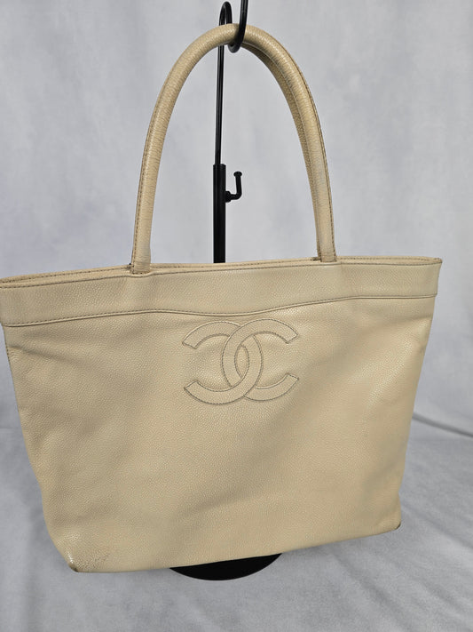 Chanel CC Mark Beige Tote in Caviar Leather