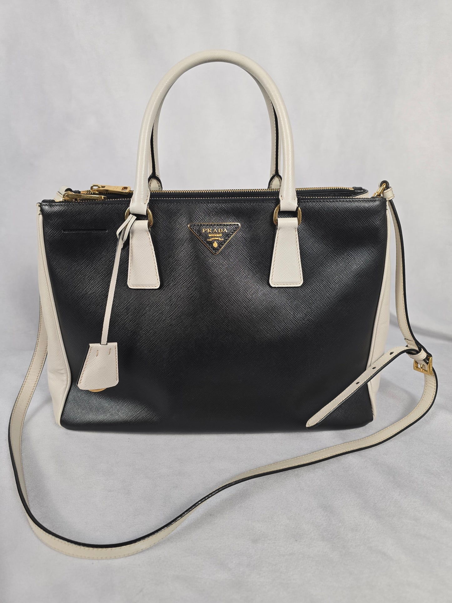 Prada Saffiano Leather Black/White Lux Two-Way Tote