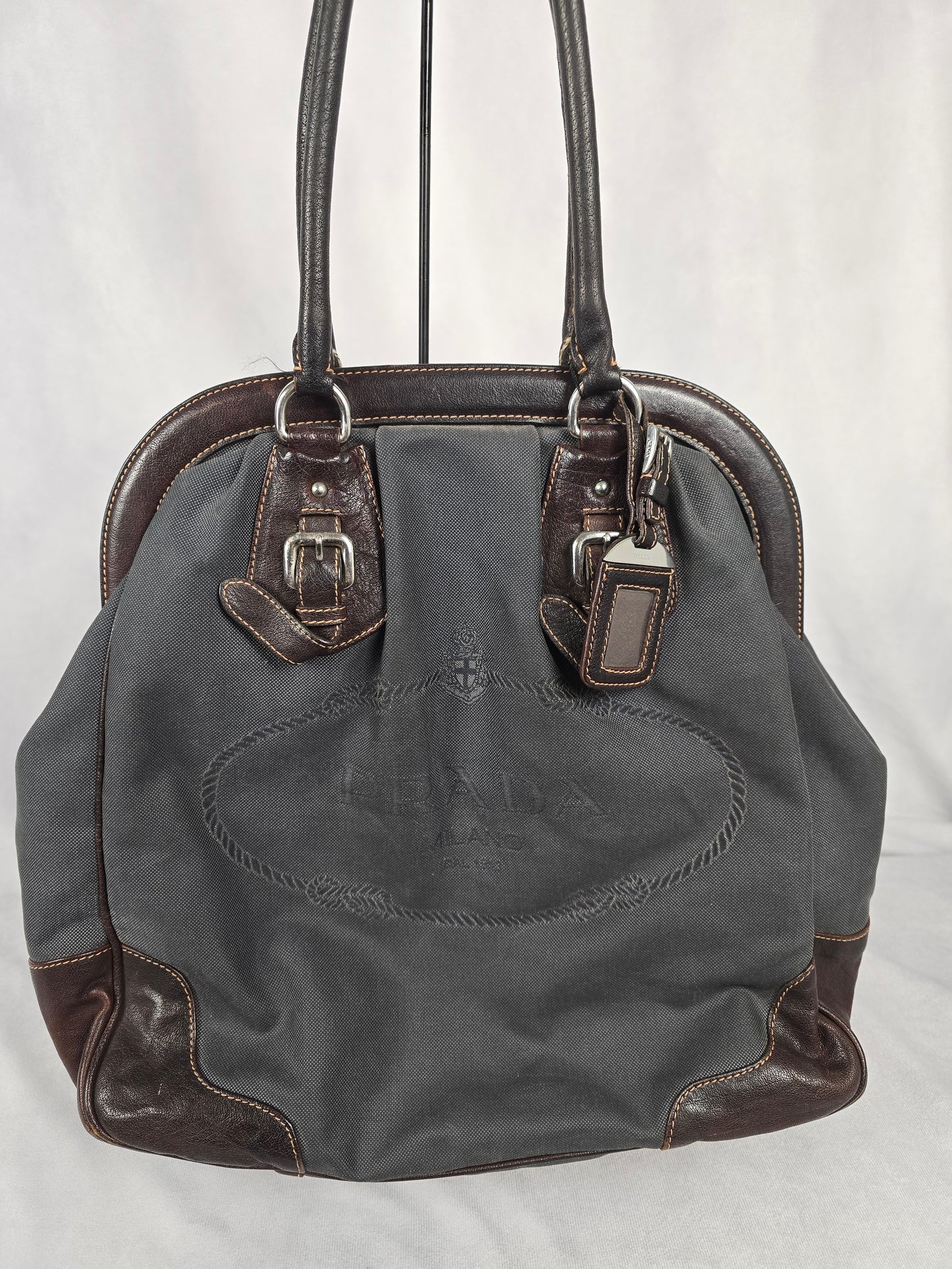 Prada Logo Black Canvas  and Brown Leather Canapa Jacquard Tote