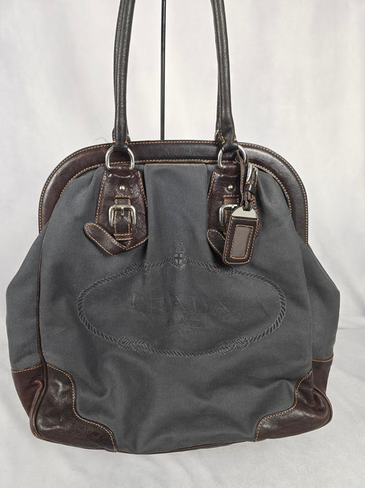 Prada Logo Black Canvas  and Brown Leather Canapa Jacquard Tote
