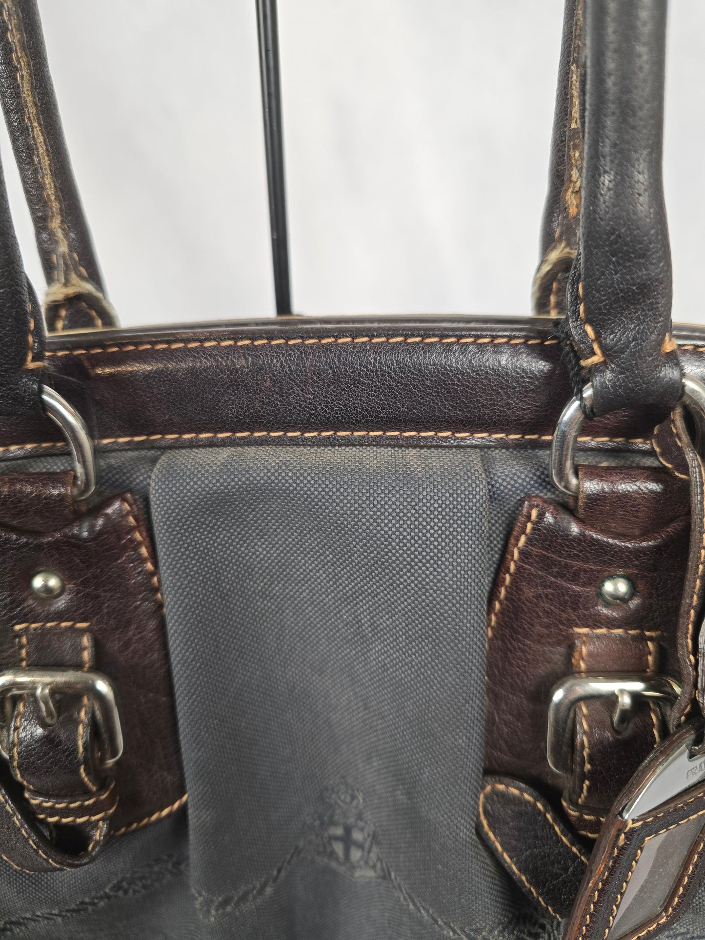 Prada Logo Black Canvas  and Brown Leather Canapa Jacquard Tote