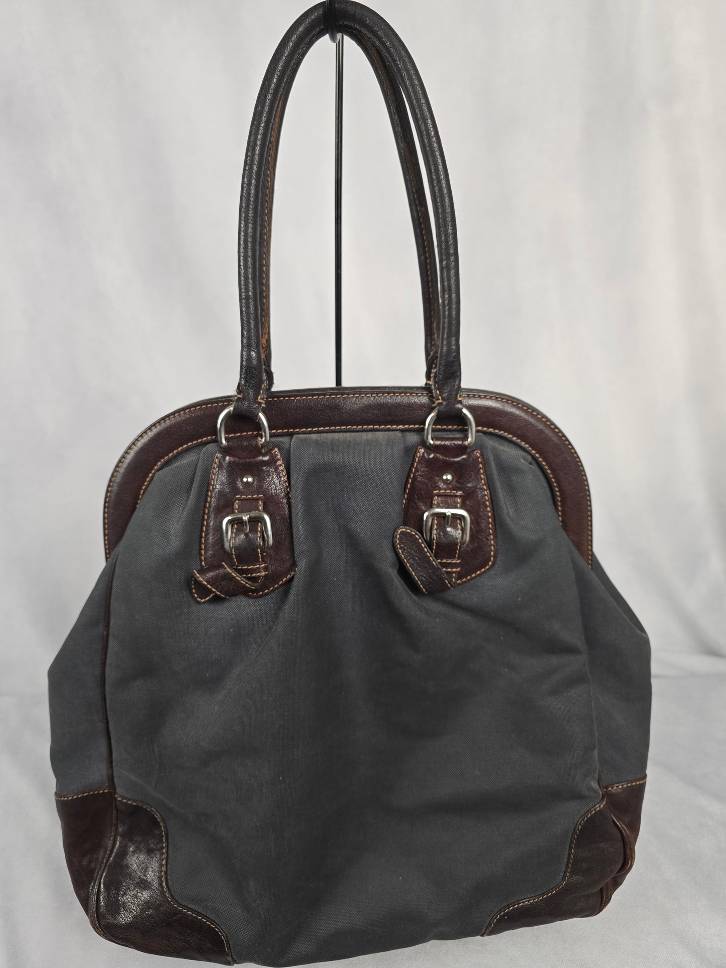 Prada Logo Black Canvas  and Brown Leather Canapa Jacquard Tote