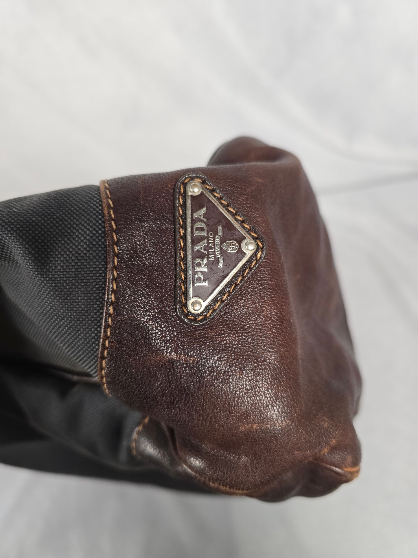 Prada Logo Black Canvas  and Brown Leather Canapa Jacquard Tote