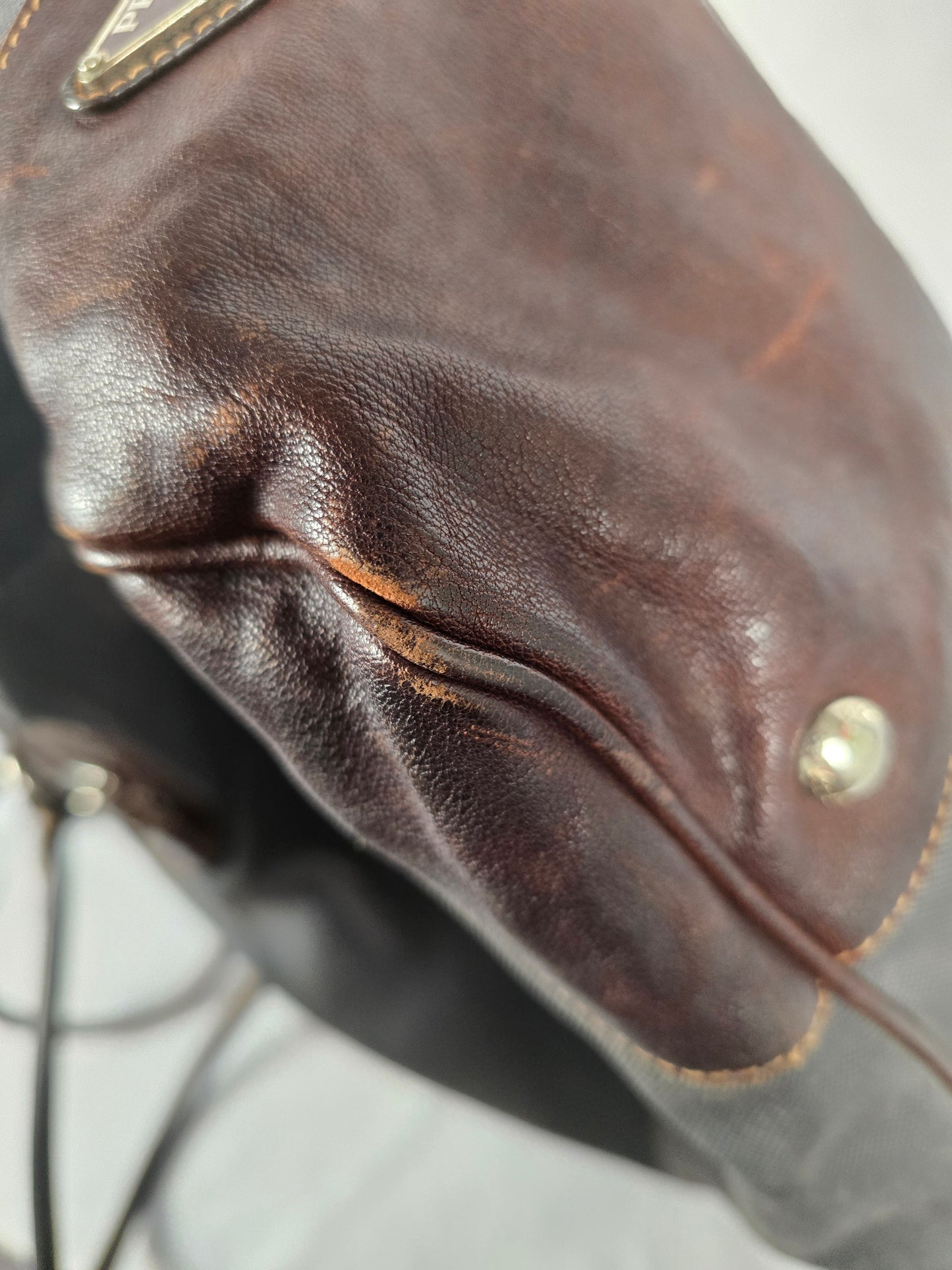 Prada Logo Black Canvas  and Brown Leather Canapa Jacquard Tote