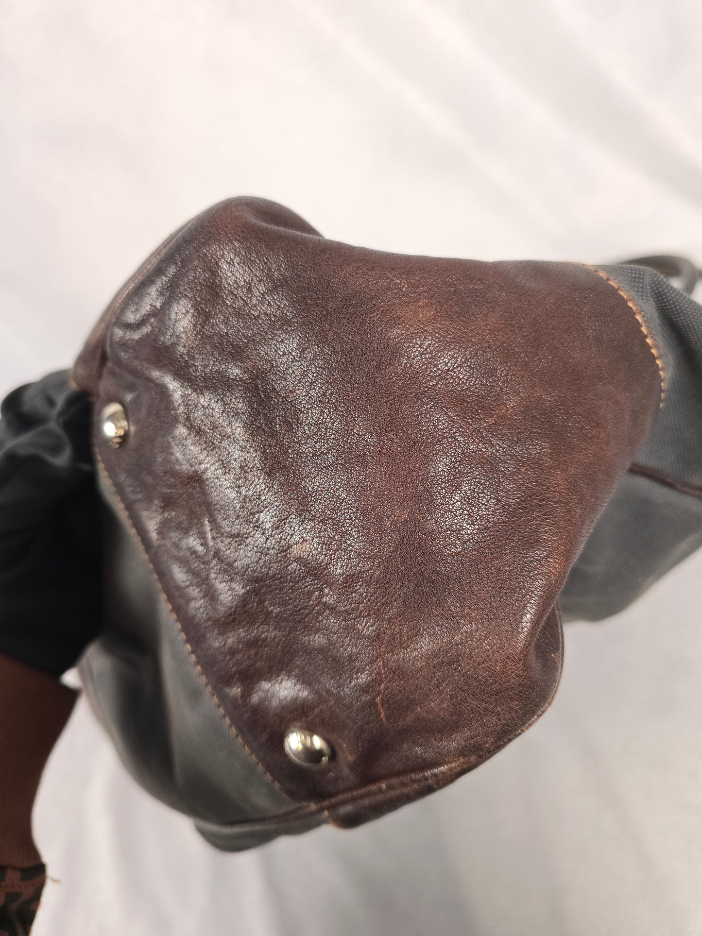 Prada Logo Black Canvas  and Brown Leather Canapa Jacquard Tote