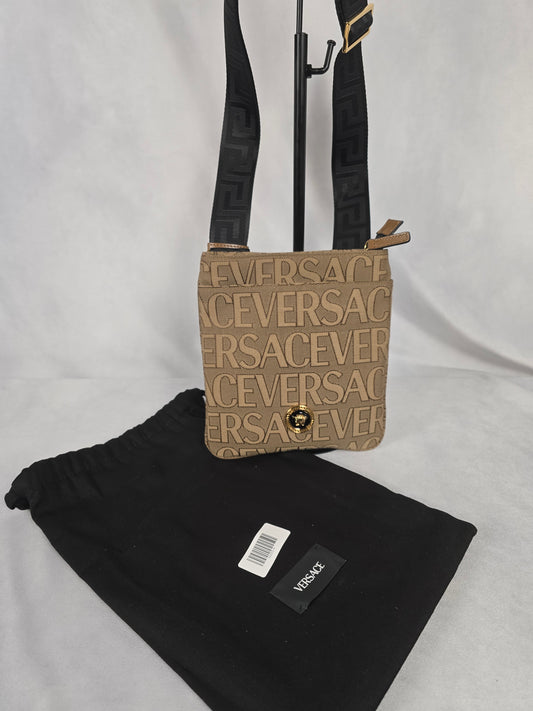 Versace La Medusa Canvas Crossbody in Beige with Black Strap - NEW