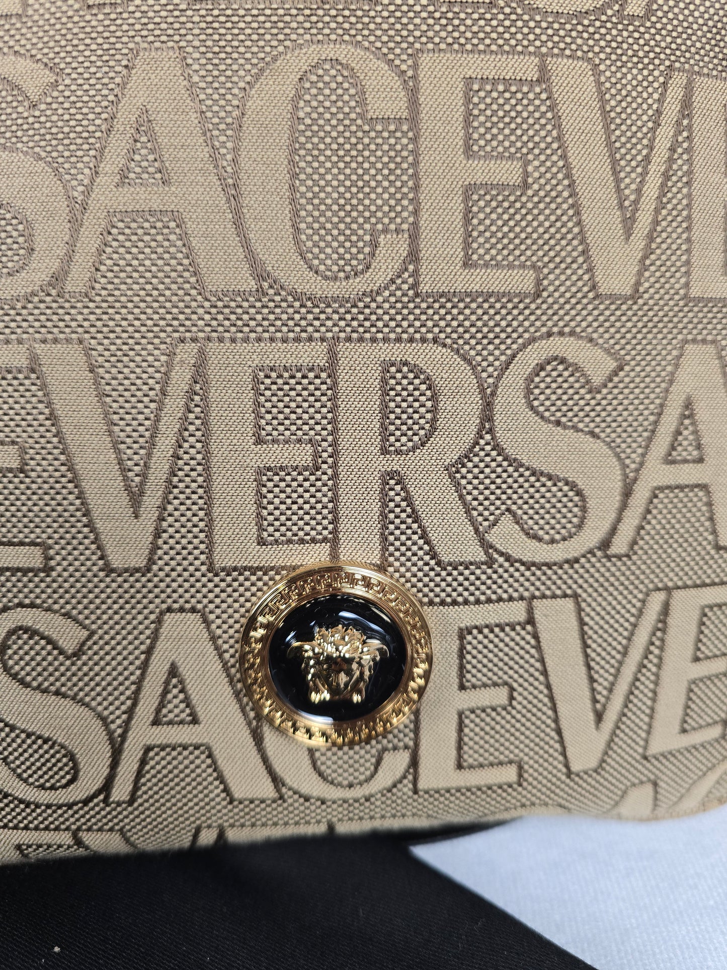 Versace La Medusa Canvas Crossbody in Beige with Black Strap - NEW