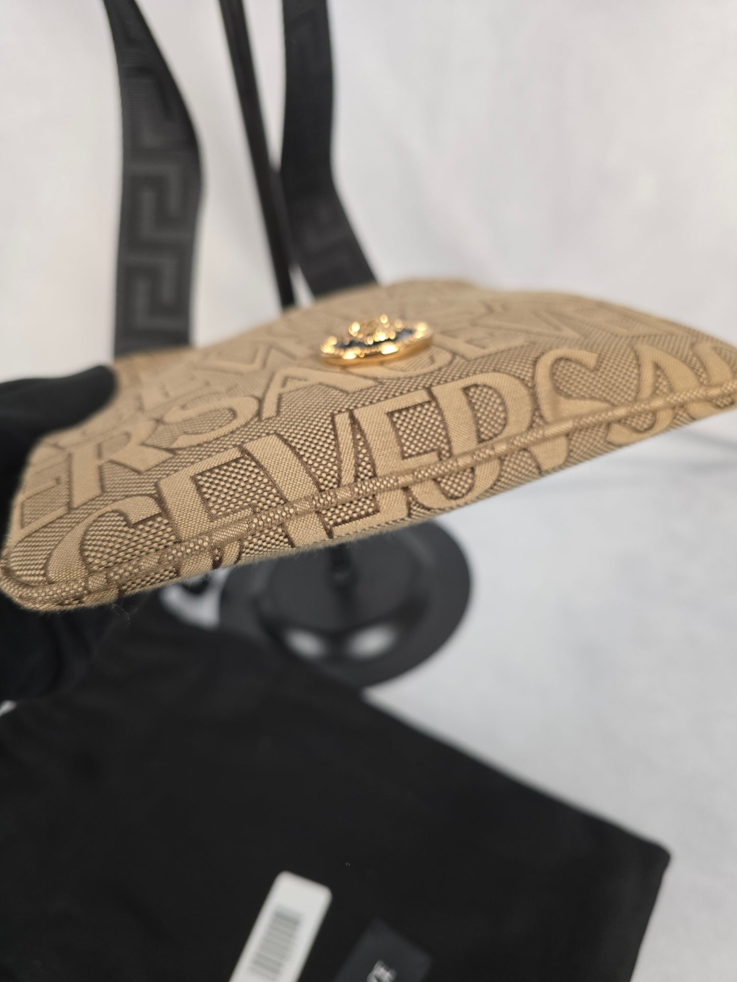 Versace La Medusa Canvas Crossbody in Beige with Black Strap - NEW