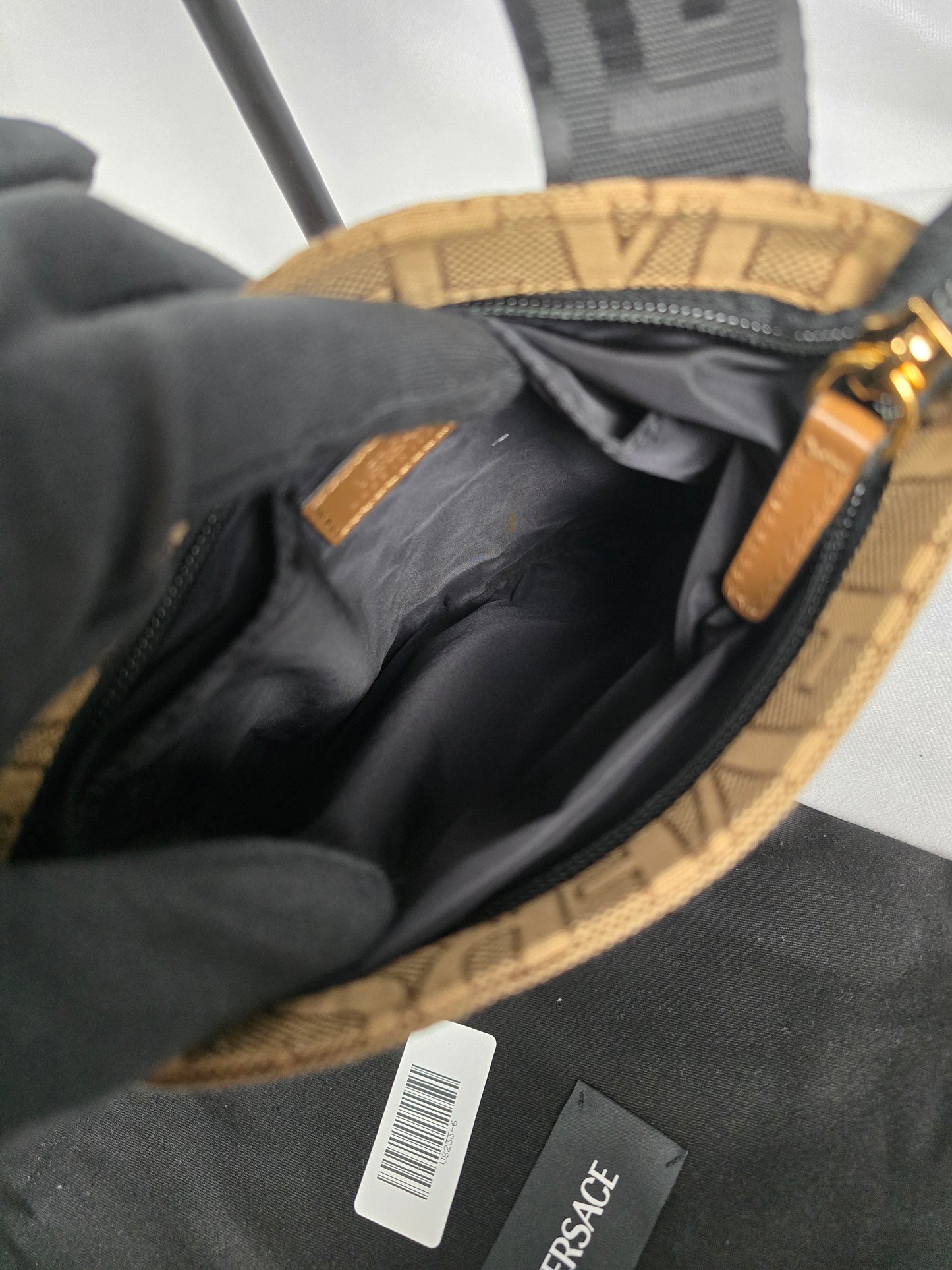 Versace La Medusa Canvas Crossbody in Beige with Black Strap - NEW