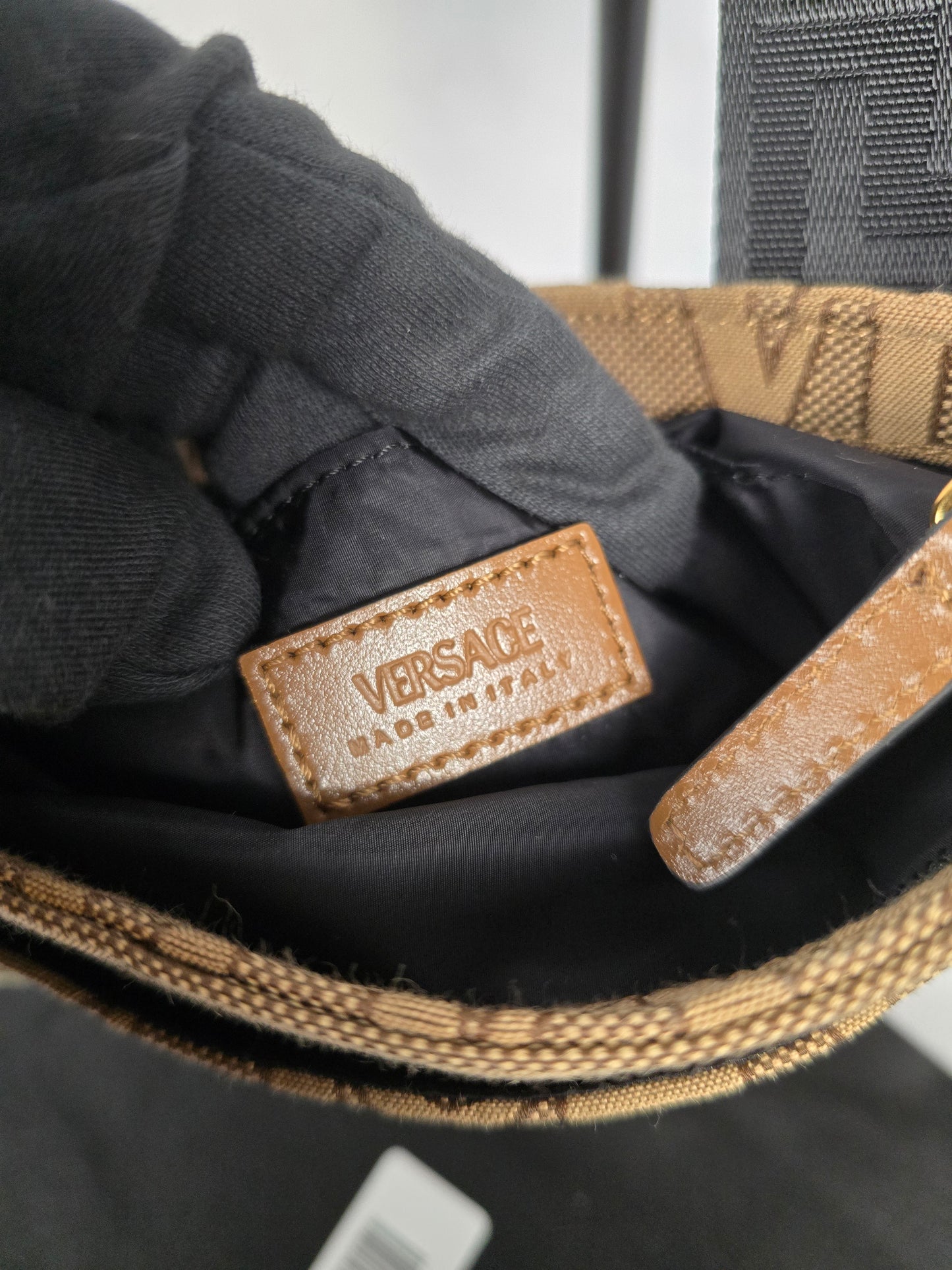 Versace La Medusa Canvas Crossbody in Beige with Black Strap - NEW