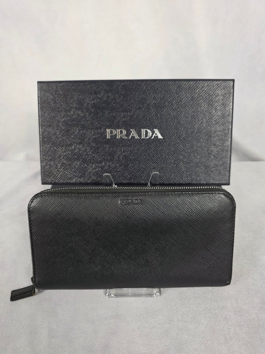 Prada Black Saffiano Leather Zip-Around Long Wallet