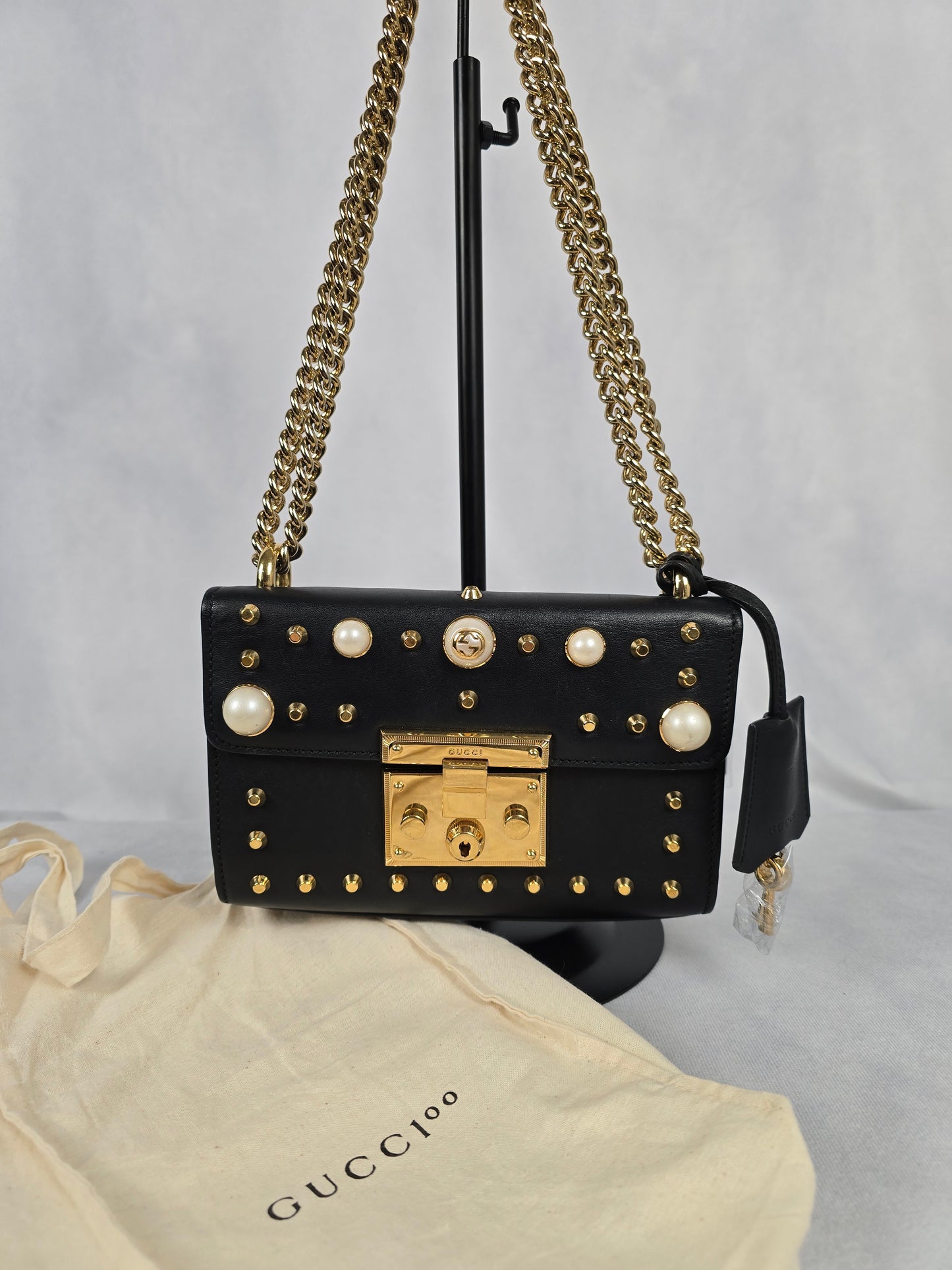 Gucci Pearly Padlock Studded Small Leather Shoulder Bag