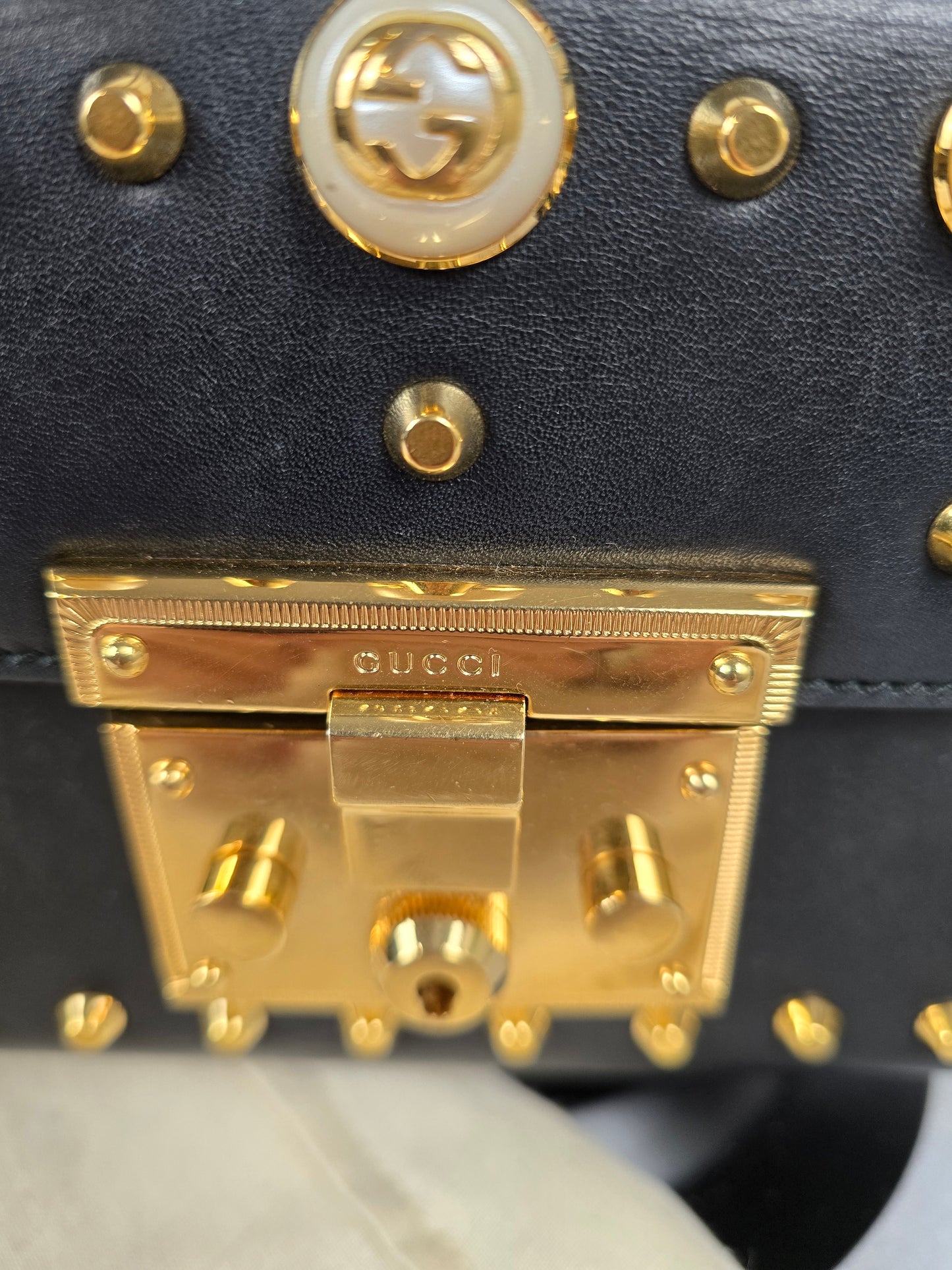Gucci Pearly Padlock Studded Small Leather Shoulder Bag