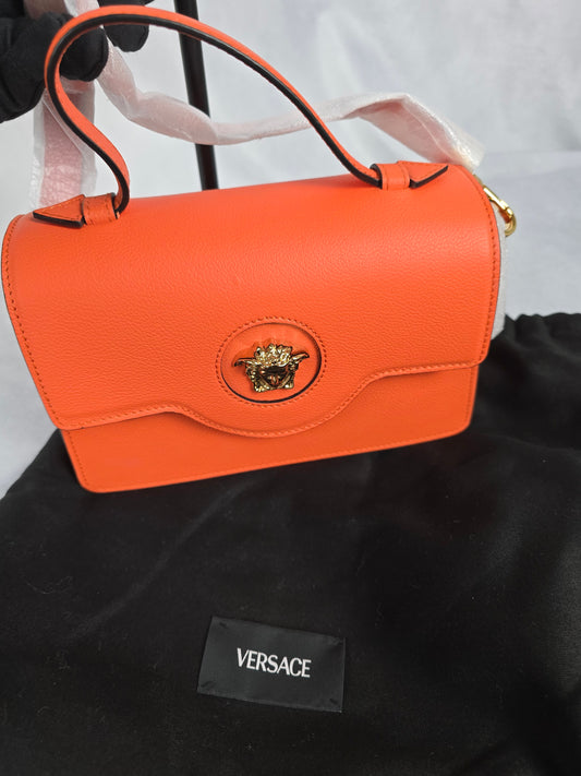 Versace Vitello Medusa Top Handle/Shoulder Bag in Orange Grained Leather-NEW