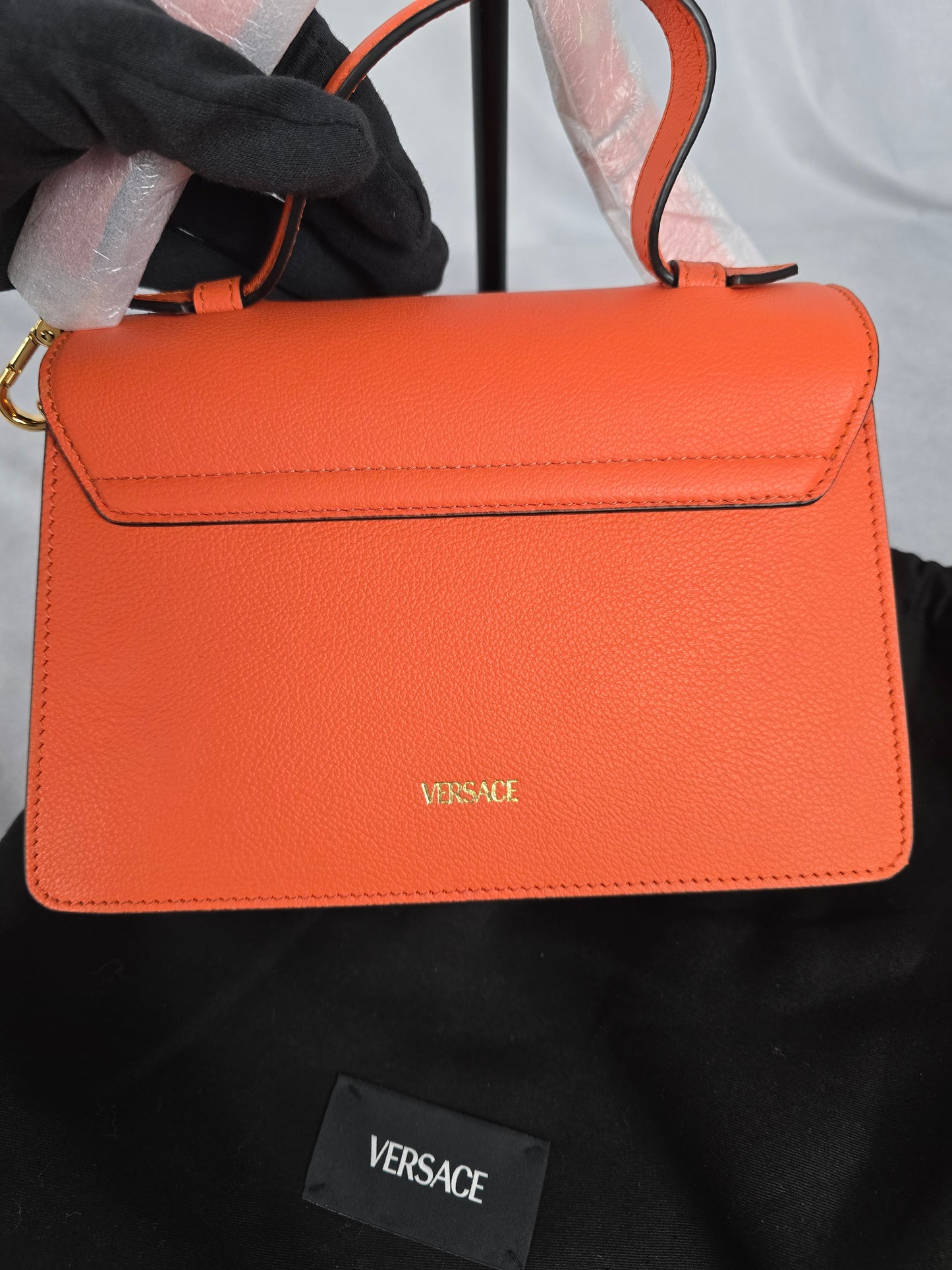 Versace Vitello Medusa Top Handle/Shoulder Bag in Orange Grained Leather-NEW