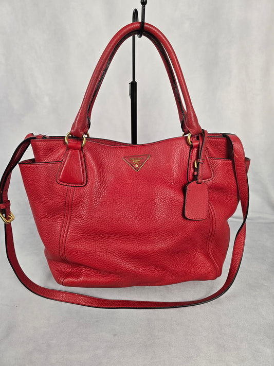 Prada Rubino Vitello Daino Red Leather Side Pocket Tote