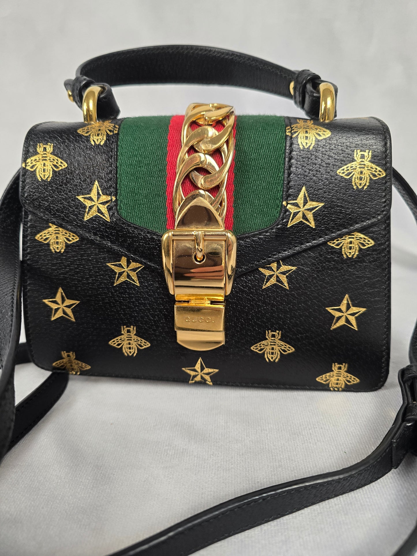 Gucci Sylvie Bee and Star Black Mini Top Handle Bag