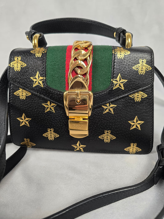 Gucci Sylvie Bee and Star Black Mini Top Handle Bag