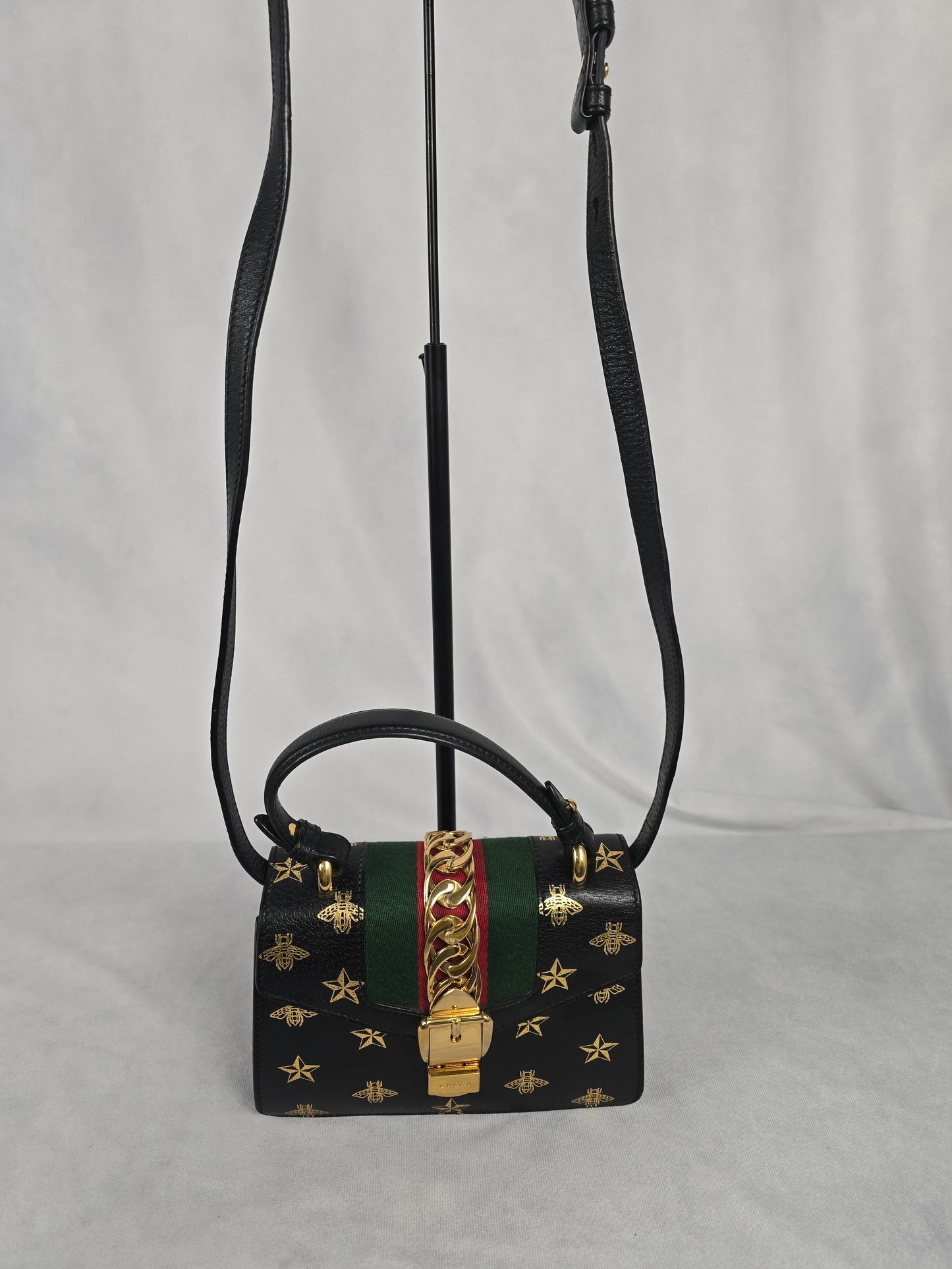 Gucci Sylvie Bee and Star Black Mini Top Handle Bag