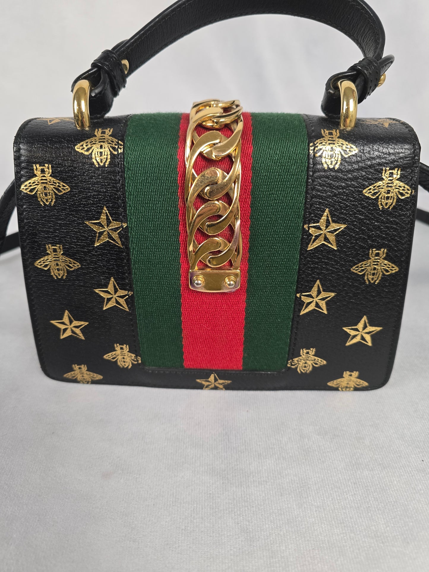 Gucci Sylvie Bee and Star Black Mini Top Handle Bag