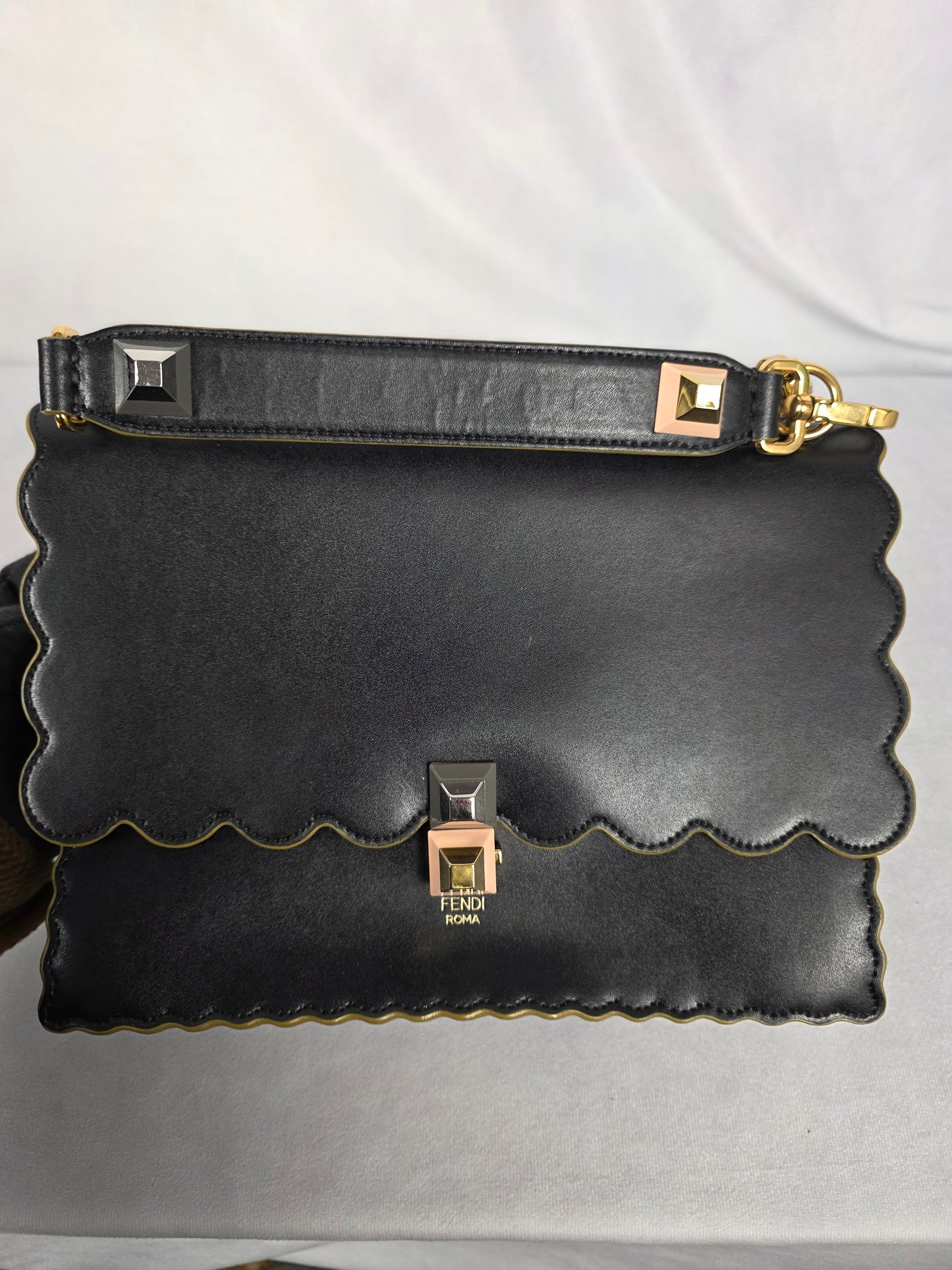 Fendi Black with Gold Trim Medium Kan I Shoulder Bag