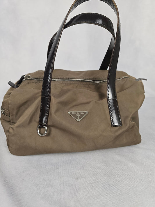Prada Tessuto Nylon Mini Boston in Khaki Nylon with Black Patent Handles