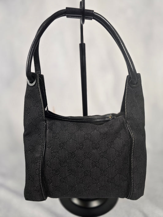 Gucci GG Black Denim Canvas Monogram and Leather Hobo/ Shoulder Bag