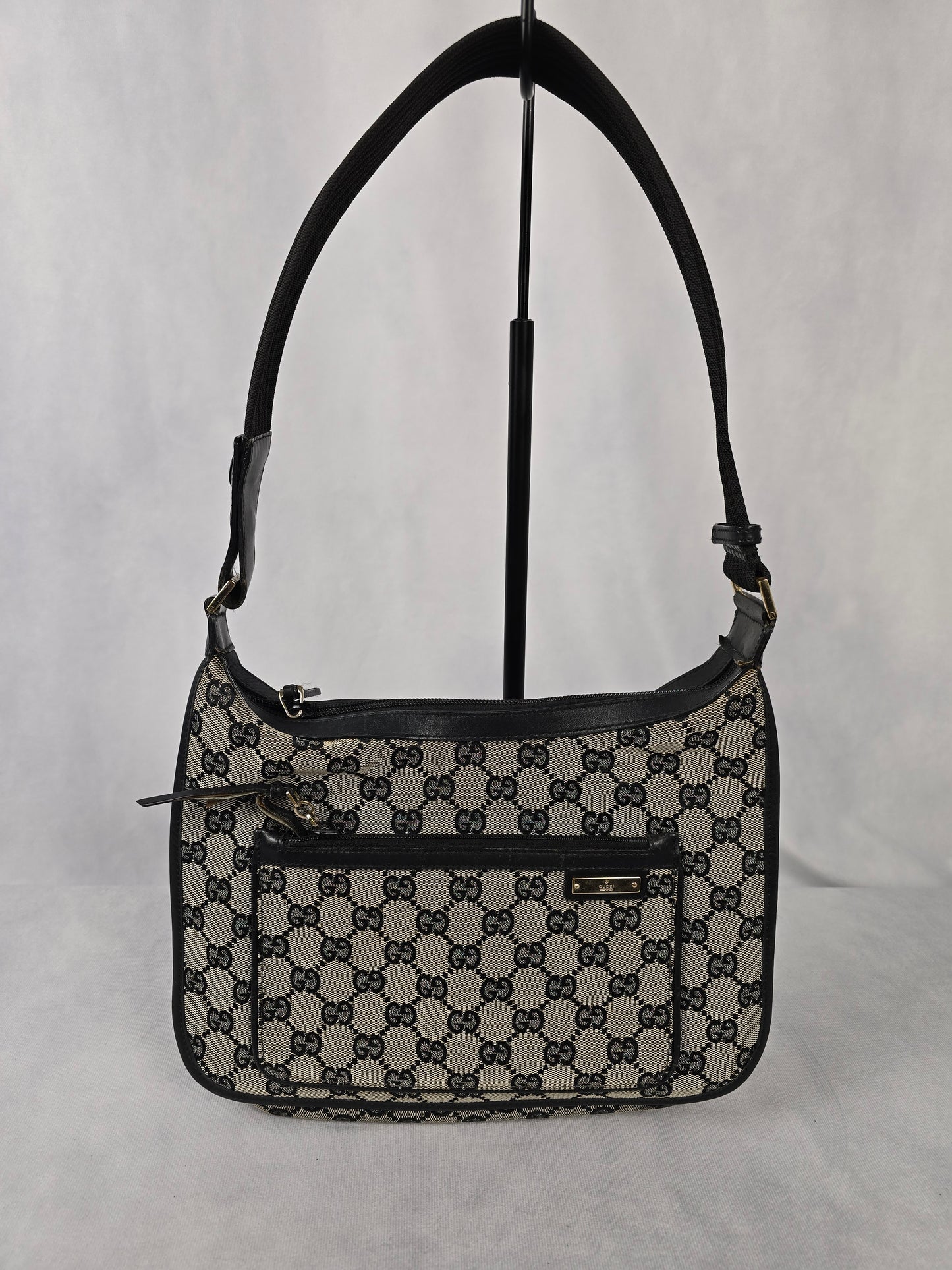 Gucci Vintage GG Beige Canvas with Black Leather One-Shoulder Bag