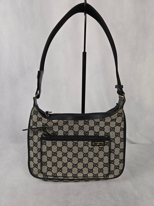 Gucci Vintage GG Beige Canvas with Black Leather One-Shoulder Bag