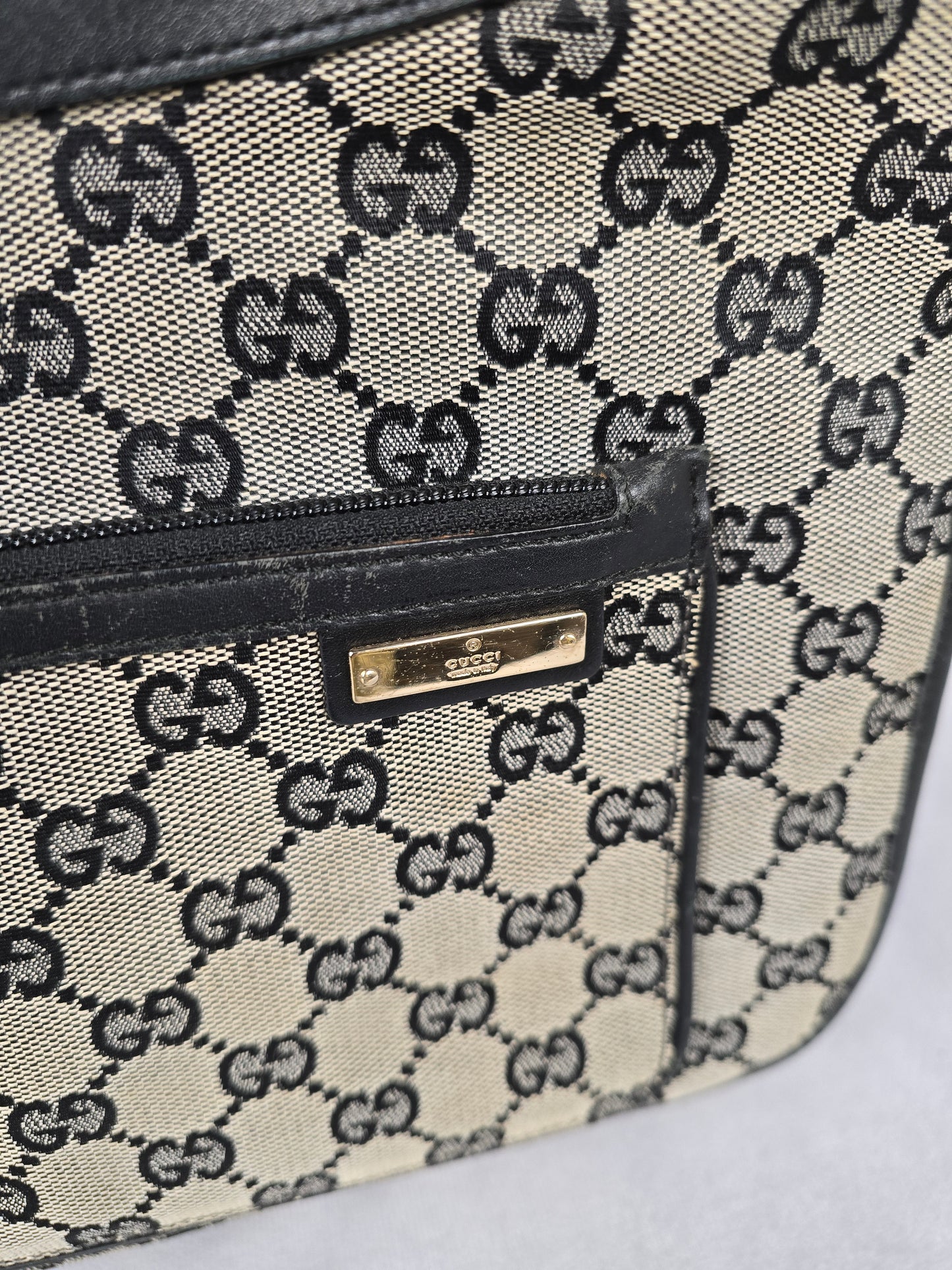 Gucci Vintage GG Beige Canvas with Black Leather One-Shoulder Bag