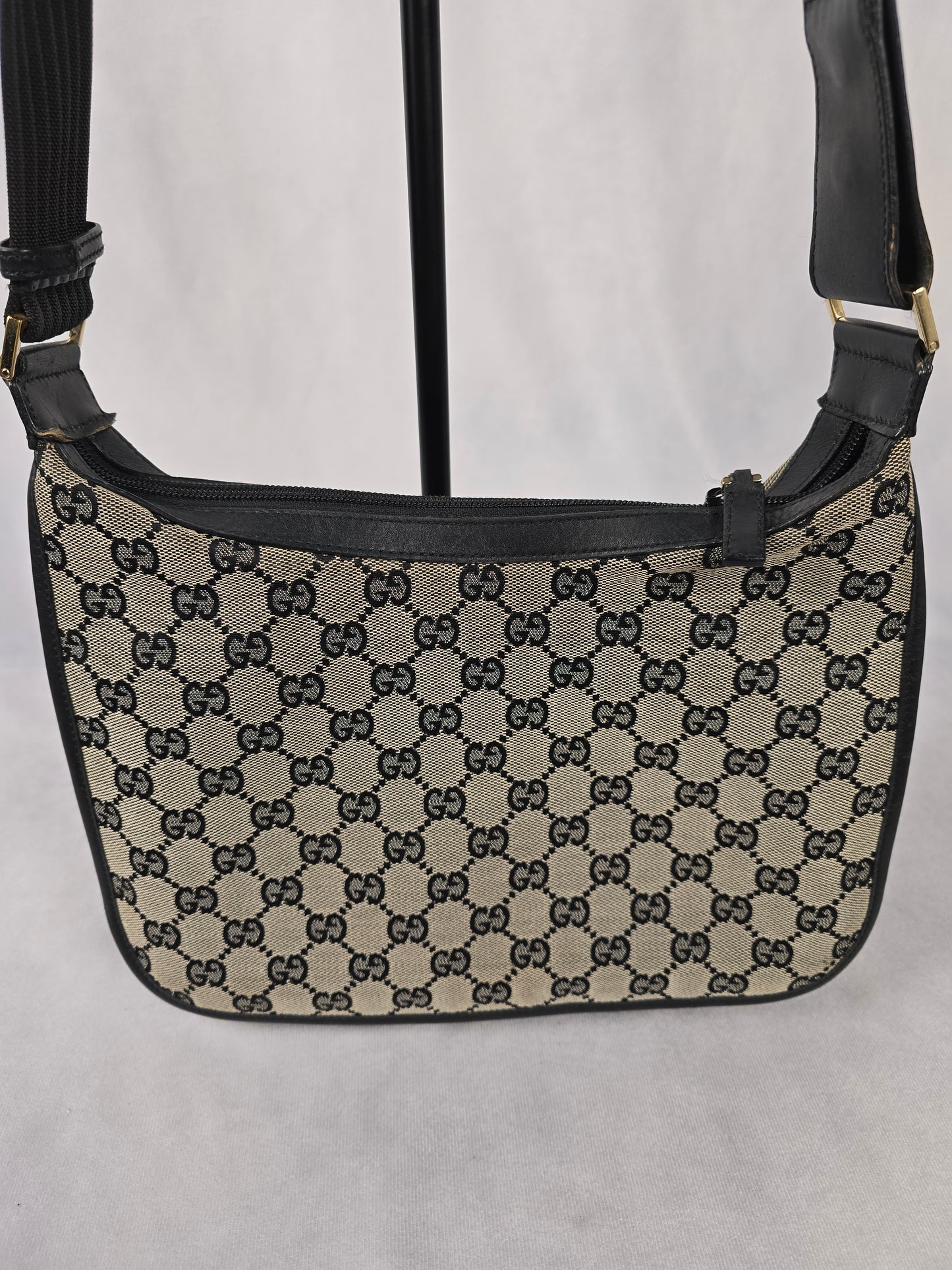 Gucci Vintage GG Beige Canvas with Black Leather One-Shoulder Bag