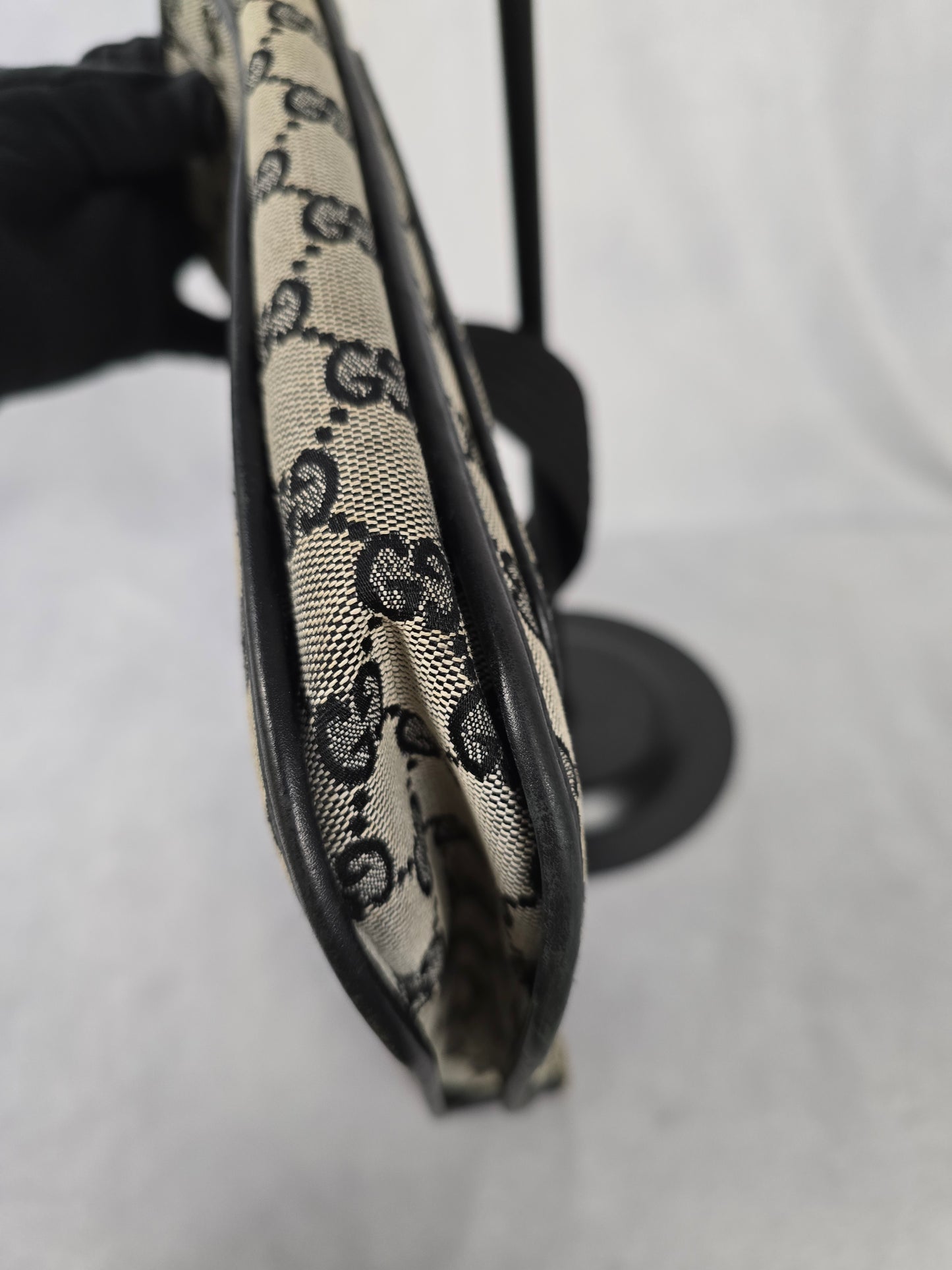 Gucci Vintage GG Beige Canvas with Black Leather One-Shoulder Bag