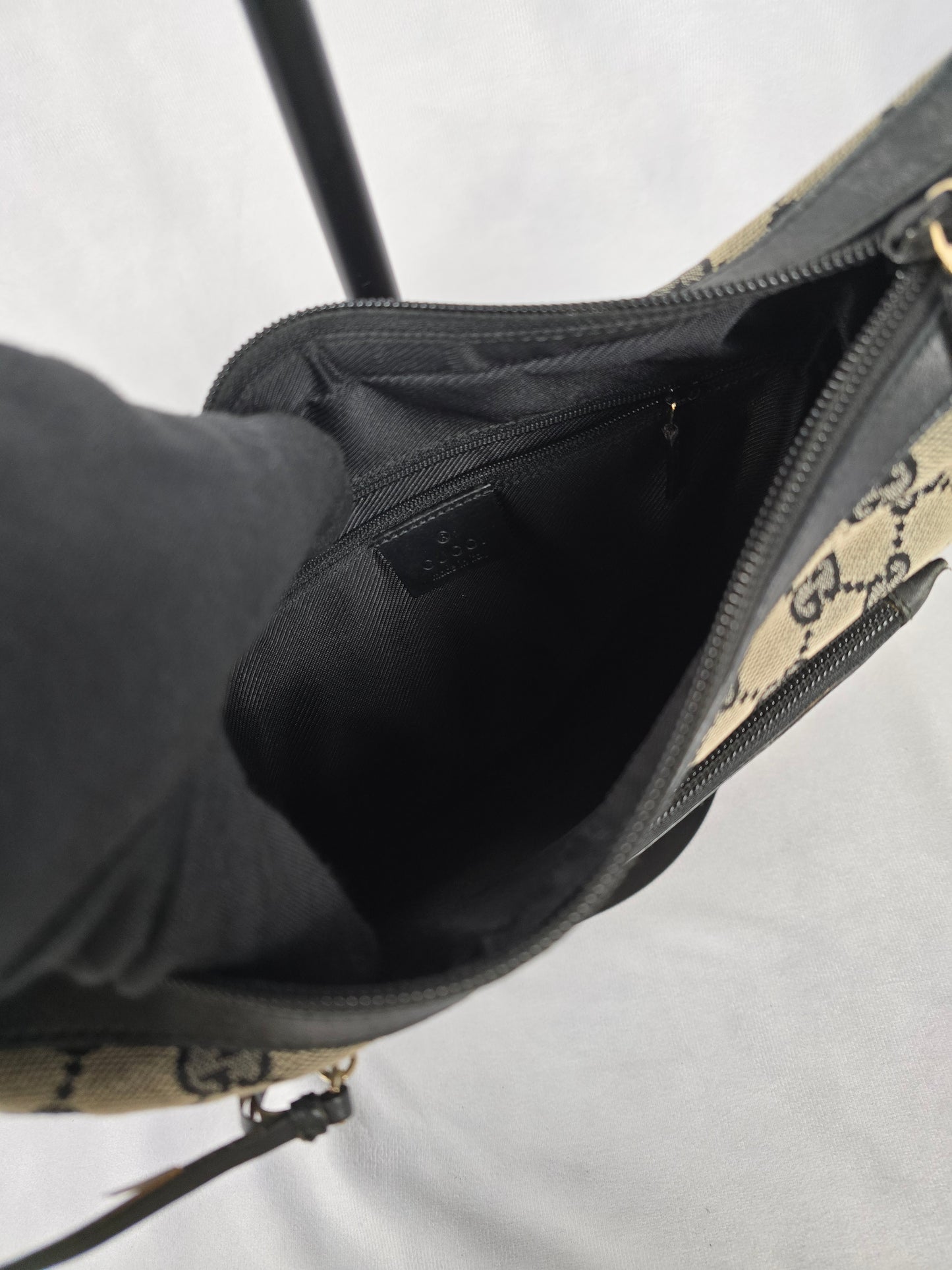 Gucci Vintage GG Beige Canvas with Black Leather One-Shoulder Bag