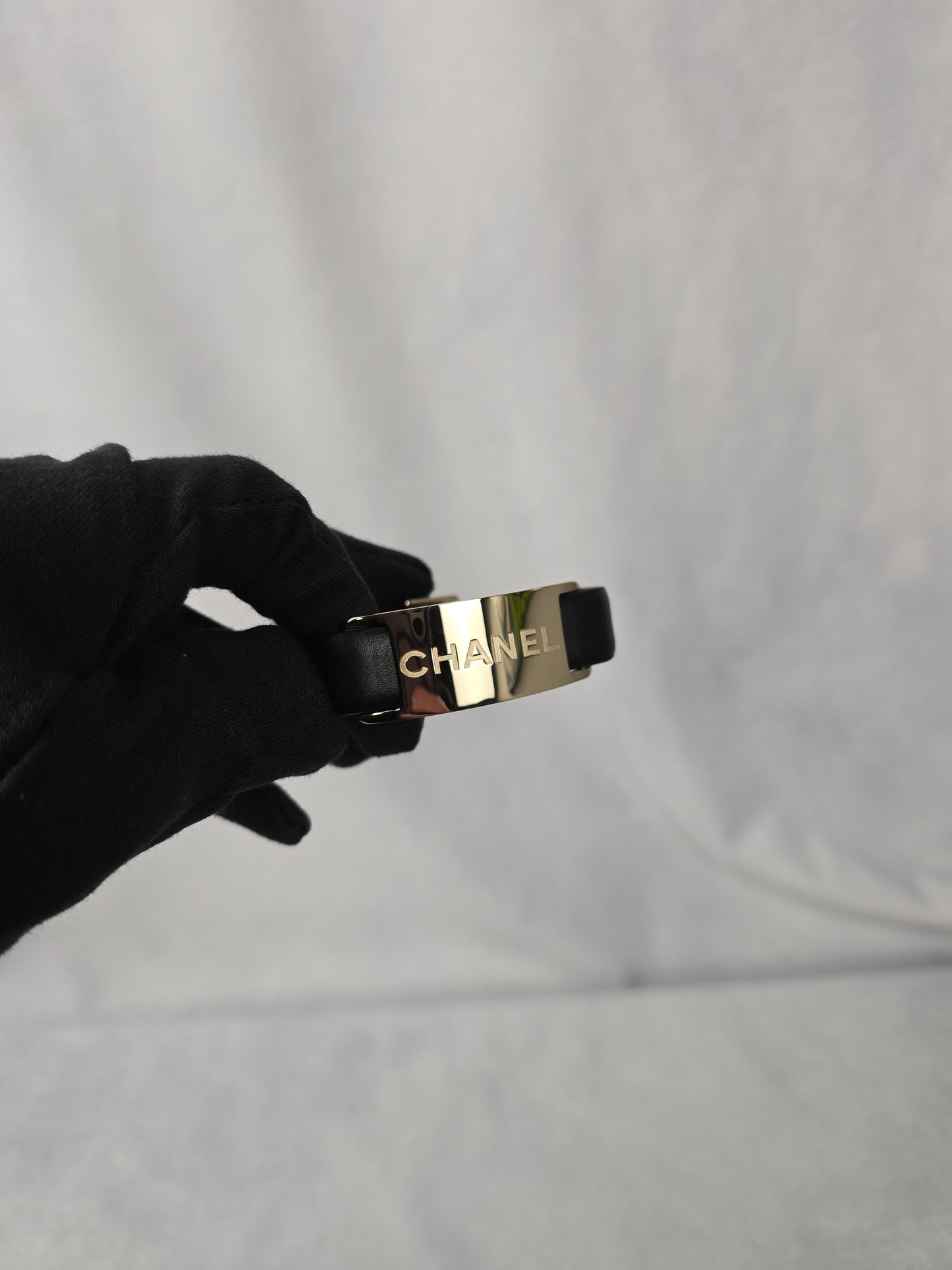 Chanel Black LeatherID Plate  Bracelet with Gold Hardware