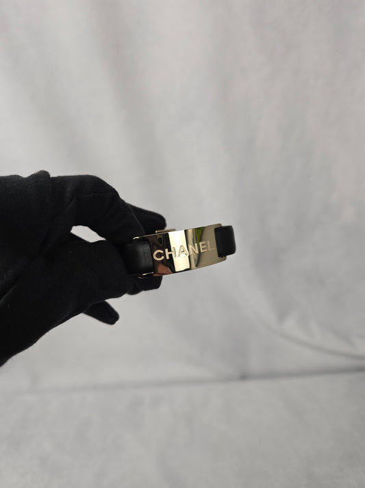 Chanel Black LeatherID Plate  Bracelet with Gold Hardware