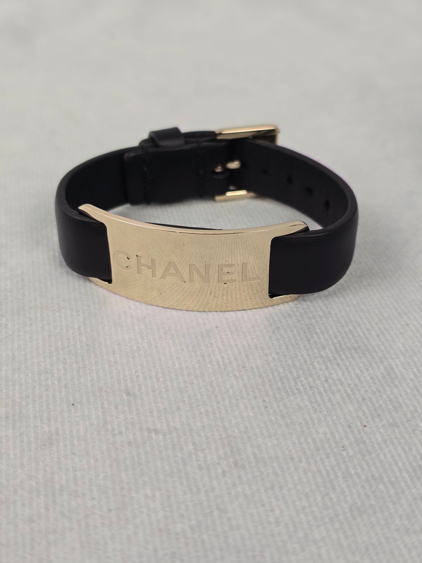 Chanel Black LeatherID Plate  Bracelet with Gold Hardware